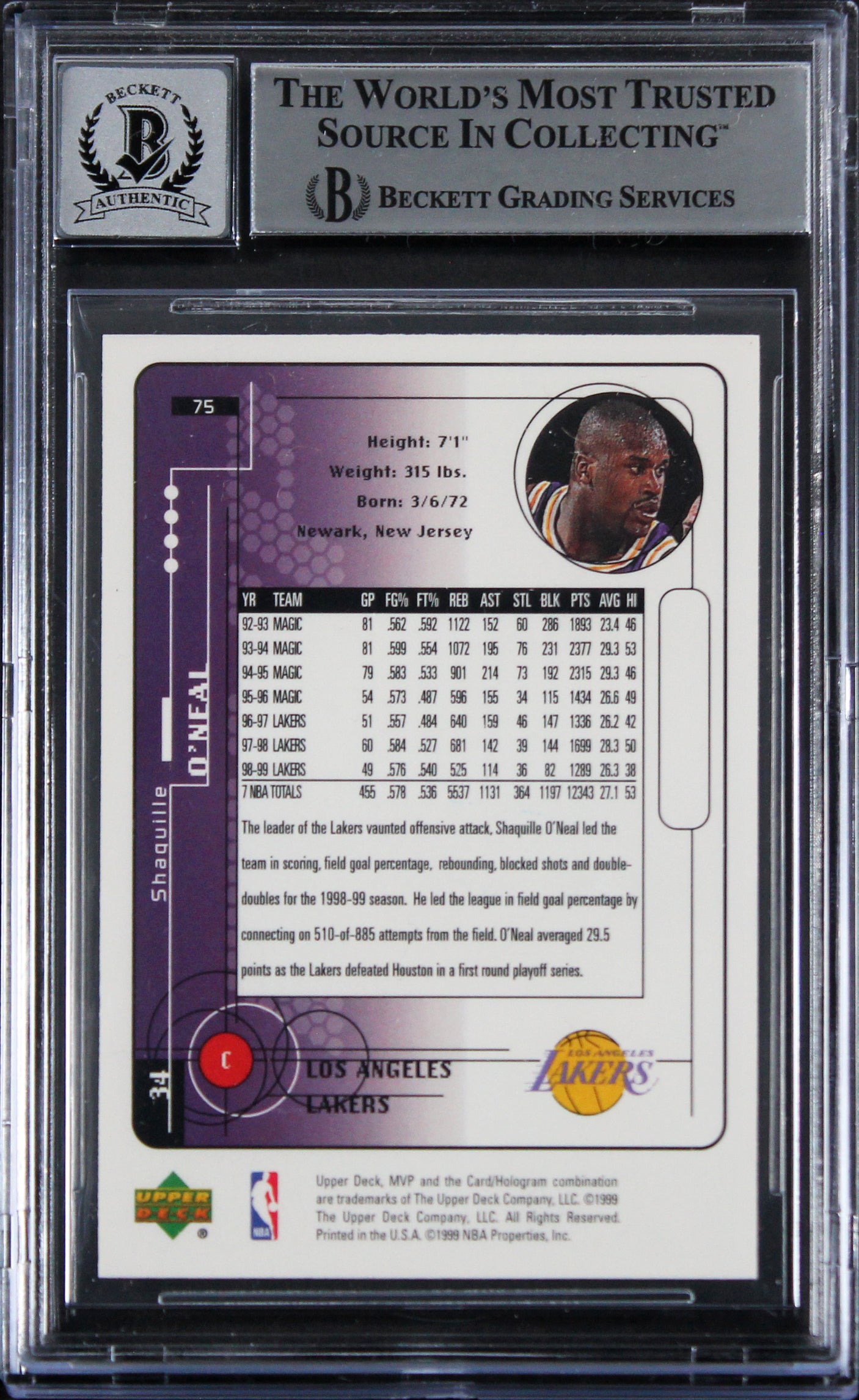 Lakers Shaquille O'Neal Signed 1999 Upper Deck MVP #75 Card Auto 10! BAS Slabbed