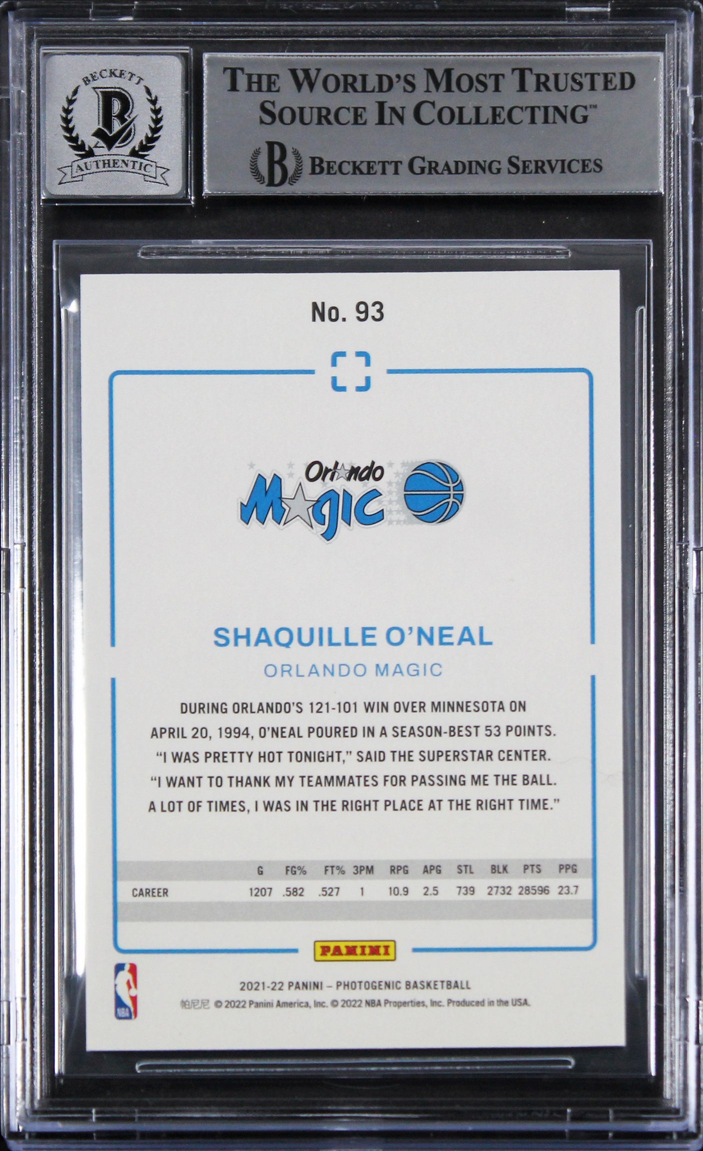 Magic Shaquille O'Neal Signed 2021 Panini Photogenic #93 Card Auto 10! BAS Slab