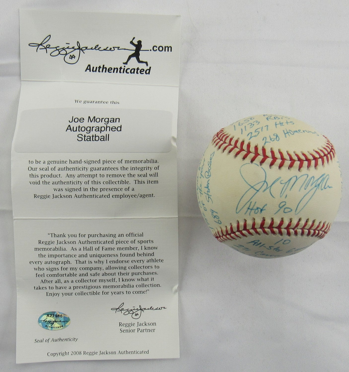 Joe Morgan Signed Auto Rawlings Stat Baseball Reggie Jackson COA A27986