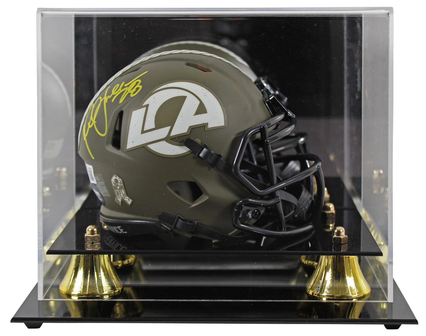 Rams Marshall Faulk Signed STS Speed Mini Helmet w/ Yellow Sig w/ Case BAS Wit