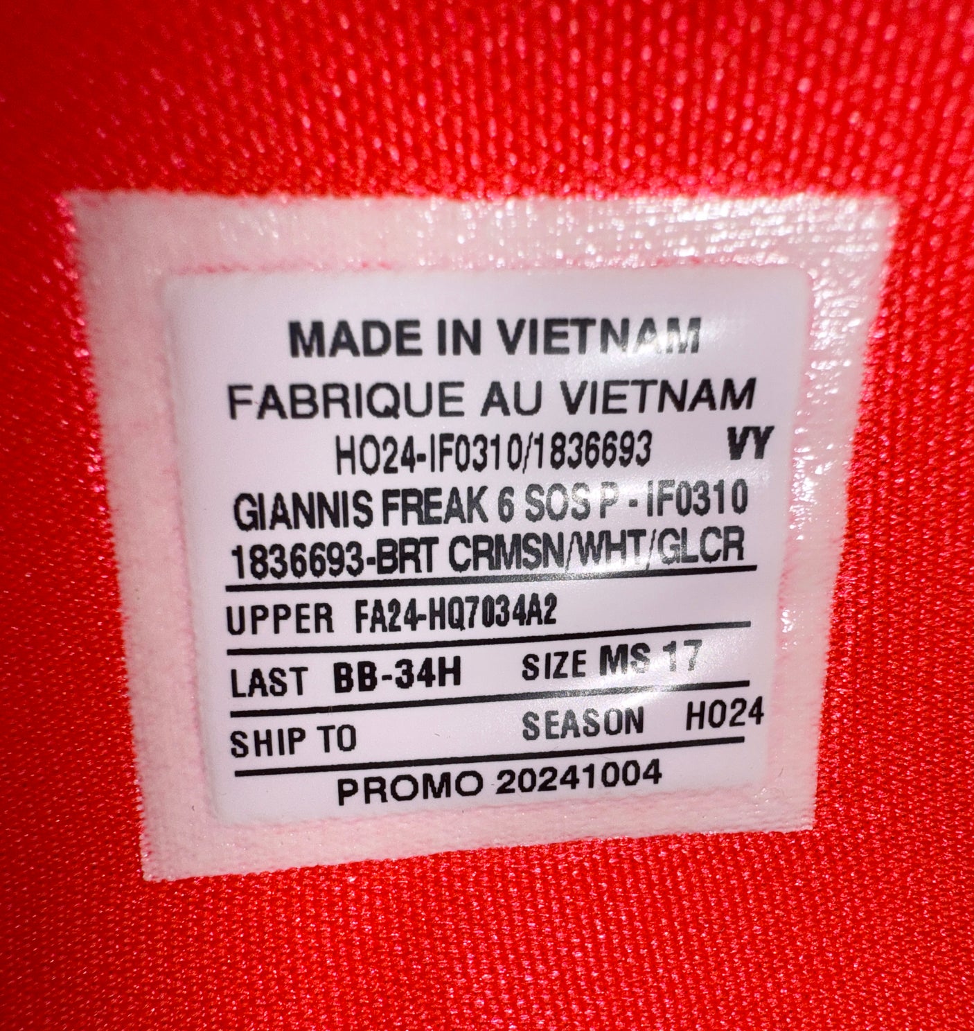 Giannis Antetokounmpo Autographed 2024 Player Exclusive (PE) Promo Bright Crimson, White & Glacier Nike Zoom Freak 6 SOS P Shoes Milwaukee Bucks Size 17 (No Box) Beckett BAS Witness #3W396865 & #3W396866