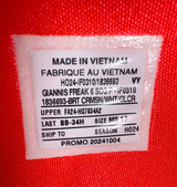 Giannis Antetokounmpo Autographed 2024 Player Exclusive (PE) Promo Bright Crimson, White & Glacier Nike Zoom Freak 6 SOS P Shoes Milwaukee Bucks Size 17 (No Box) Beckett BAS Witness #3W396865 & #3W396866