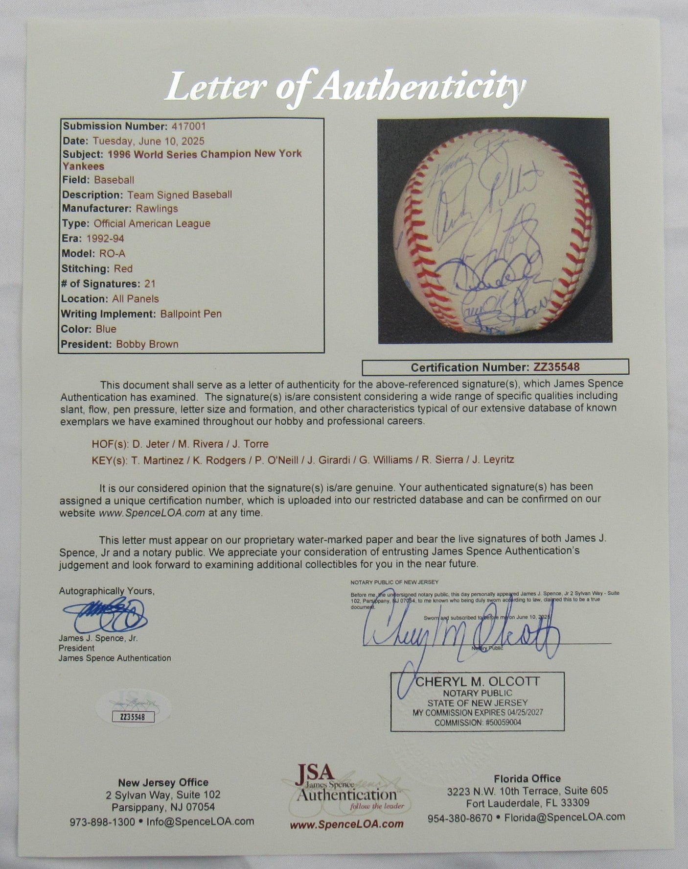 1996 World Series Yankees Derek Jeter +More Signed Auto Rawlings Baseball JSA LOA ZZ35548