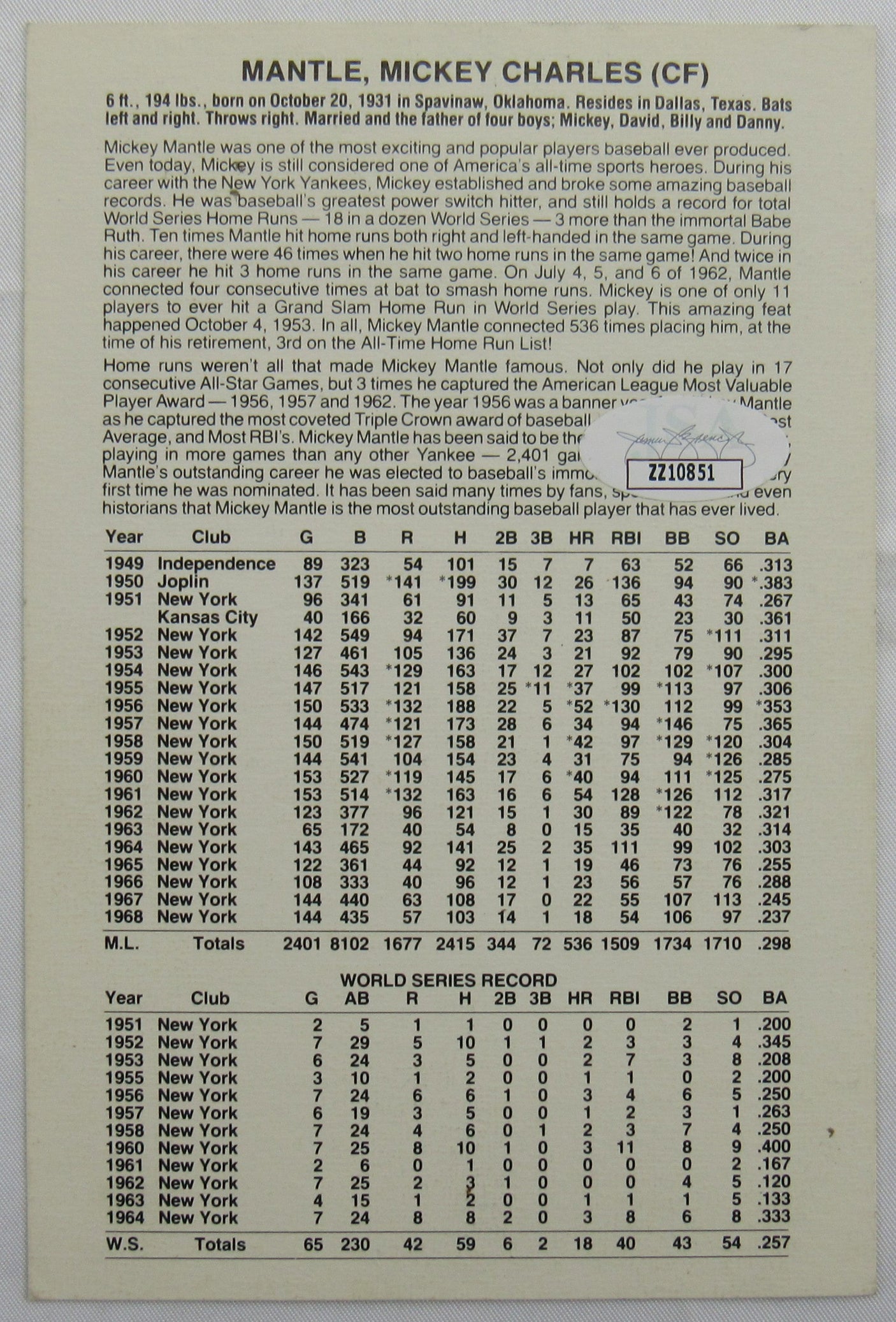 Mickey Mantle Signed Auto 4x6 Card JSA LOA ZZ10851