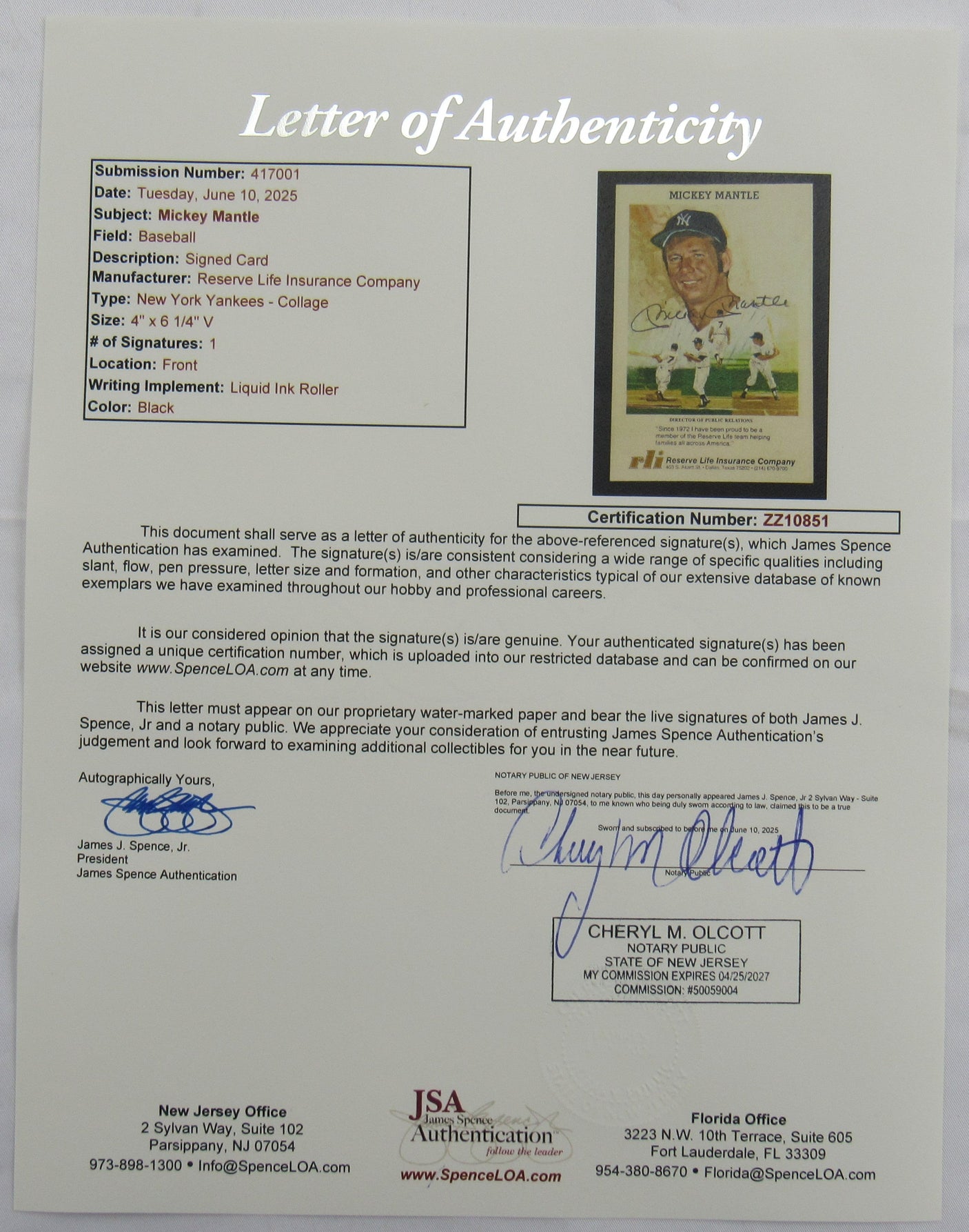 Mickey Mantle Signed Auto 4x6 Card JSA LOA ZZ10851