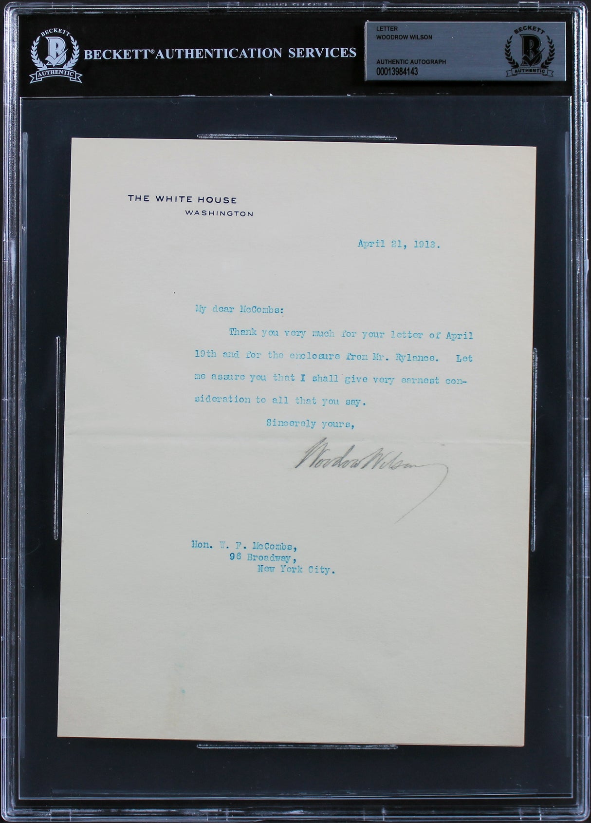 Woodrow Wilson Signed 7x8.75 1913 Letter On White House Letterhead BAS Slab