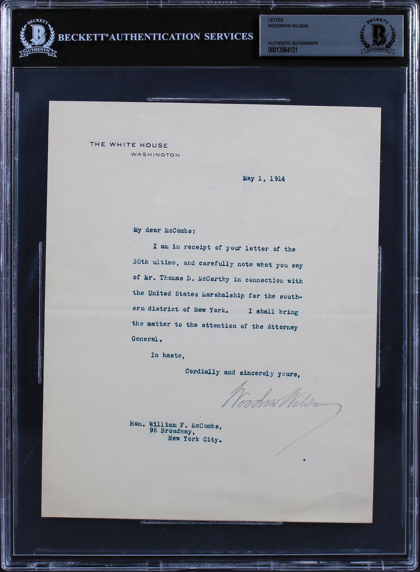 Woodrow Wilson Signed 7x8.75 1914 Letter On White House Letterhead BAS Slab