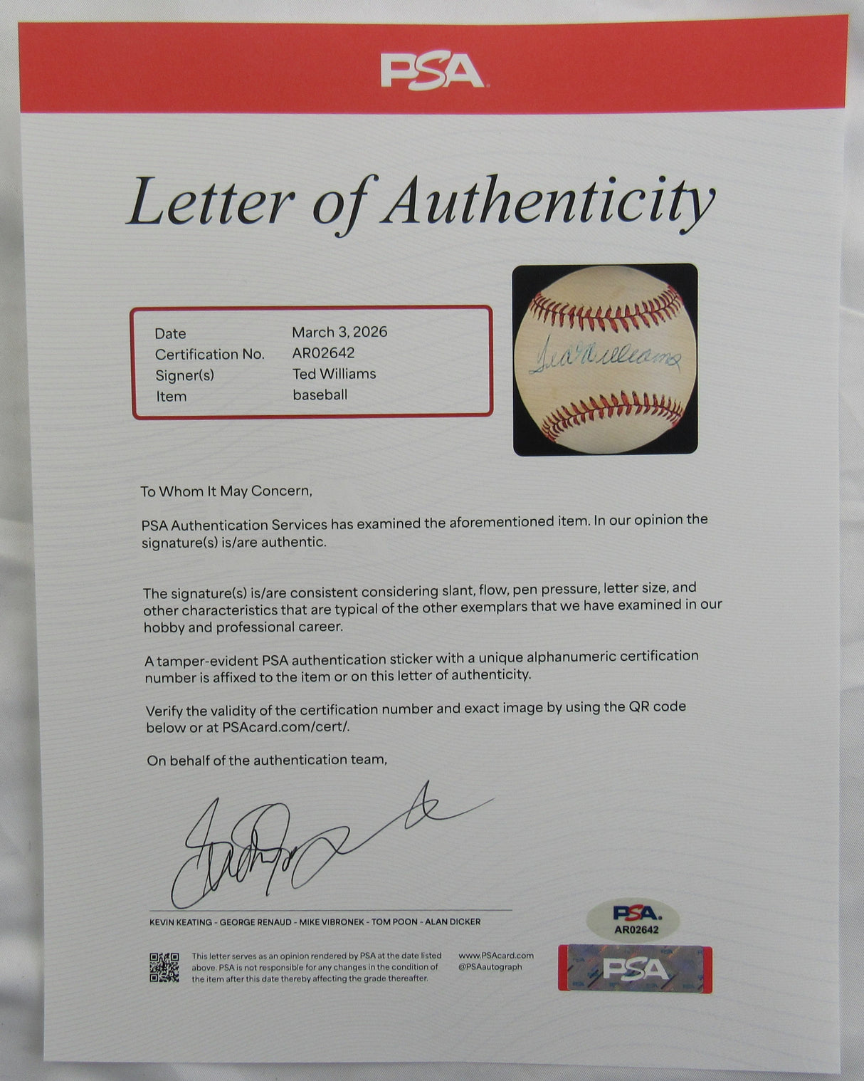 Ted Williams Signed Rawlings Baseball PSA LOA AR02642
