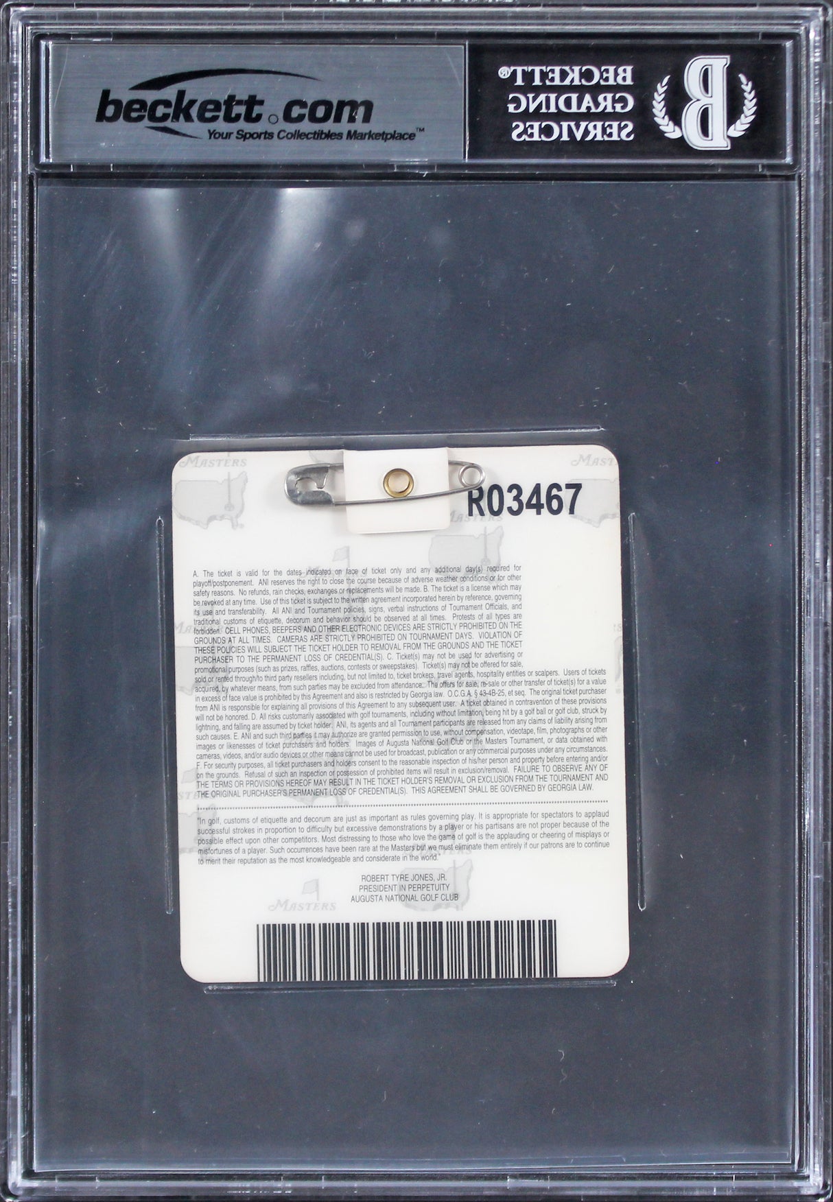 Trevor Immelman Signed 2008 Masters Augusta National Badge Ticket BAS Slabbed