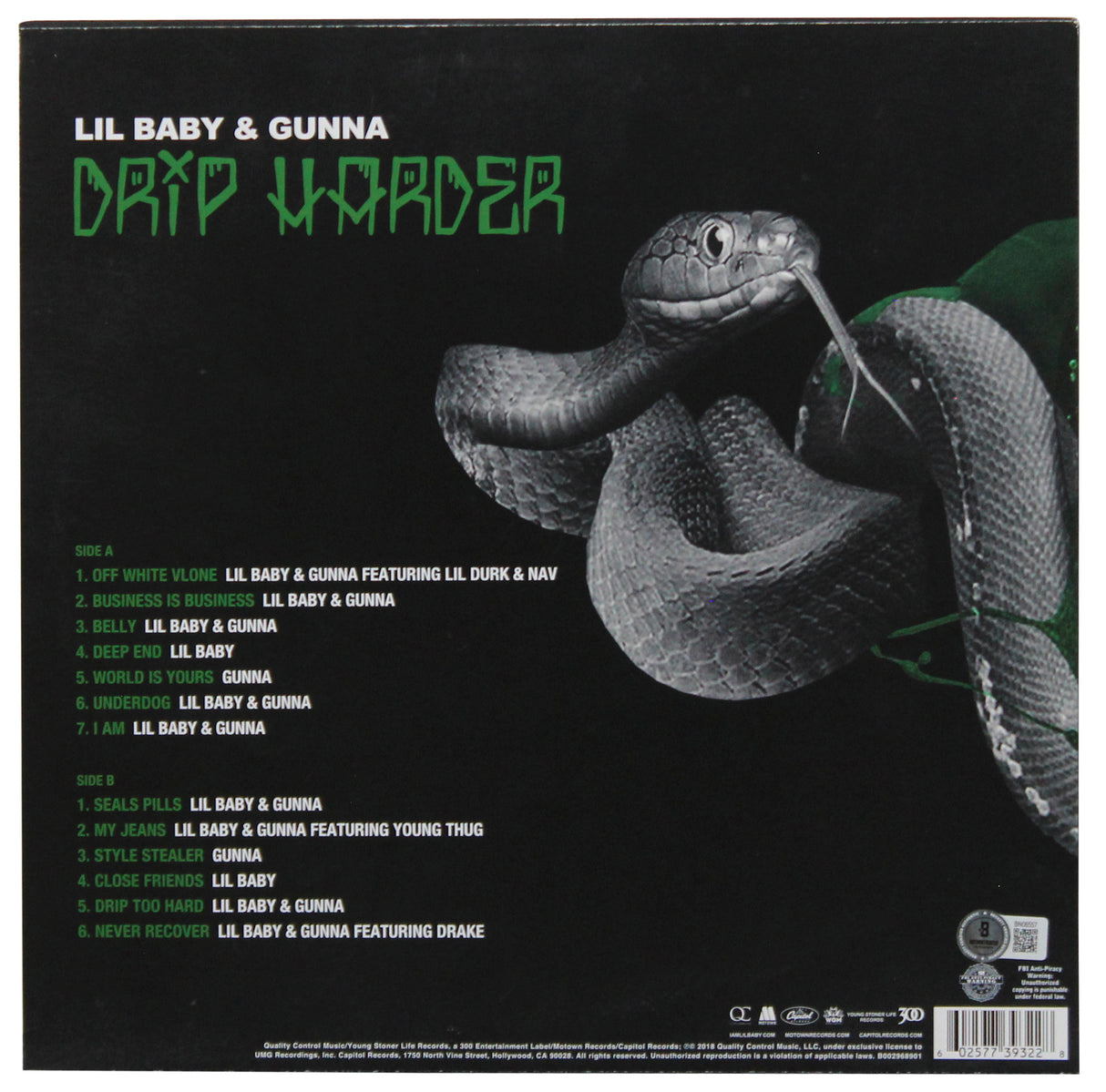 Gunna Authentic Signed Drip Harder Album Cover W/ Vinyl Autographed BAS #BN06557