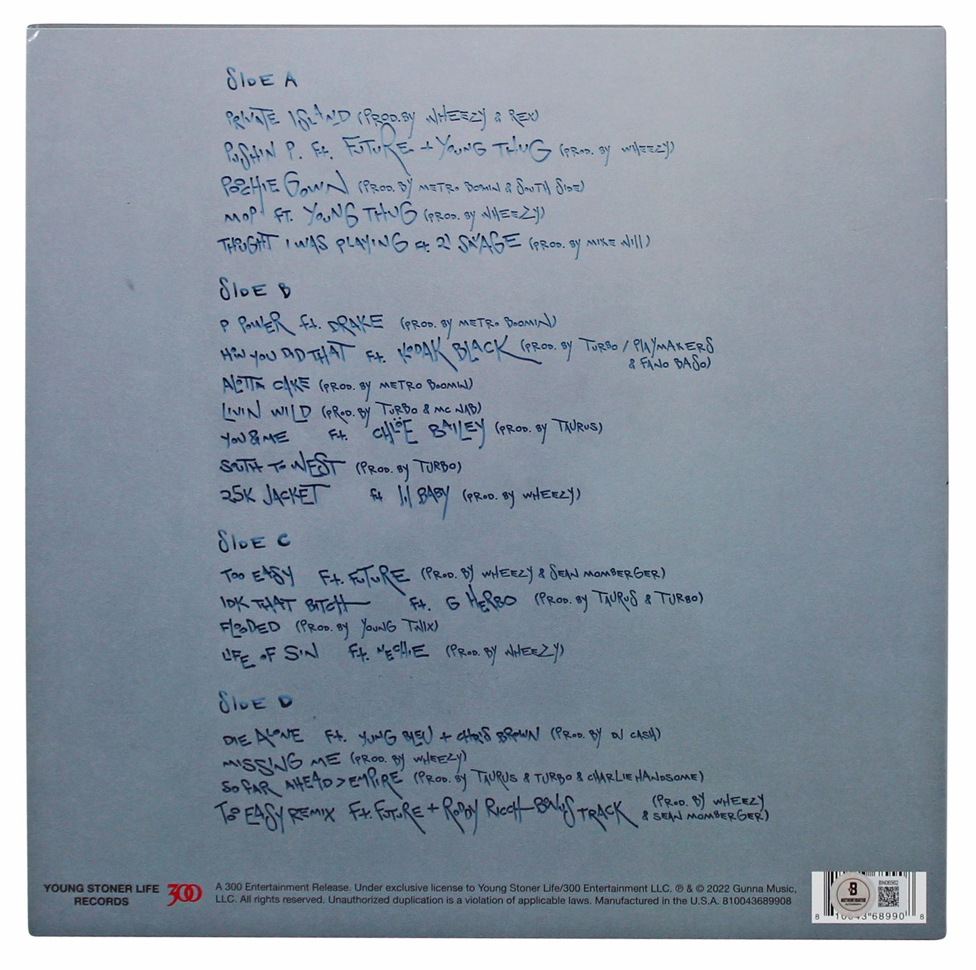 Gunna "Pushin P" Authentic Signed DS4Ever Album Cover W/ Vinyl BAS #BN06562