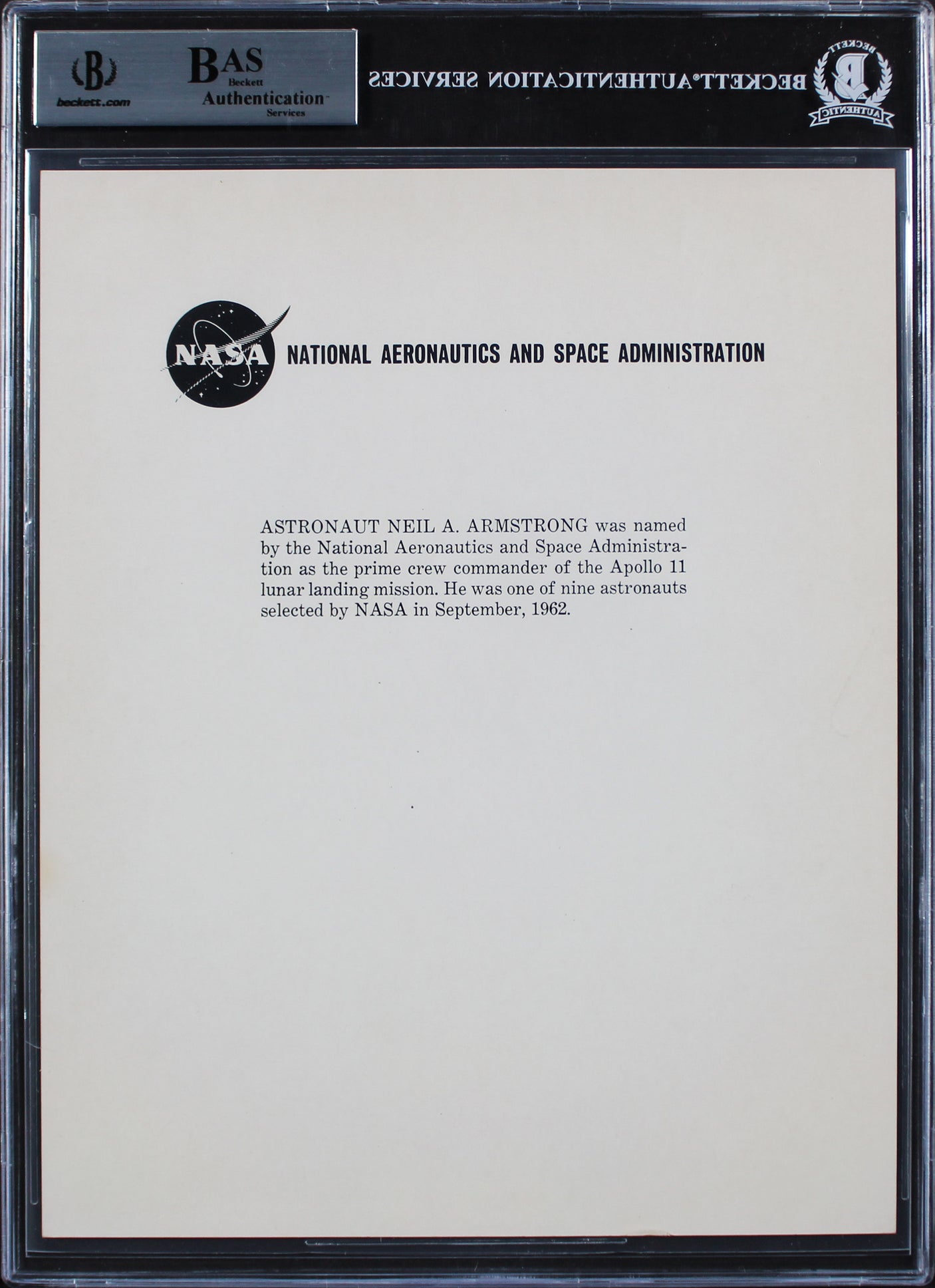 Neil Armstrong Apollo 11 "Best Wishes" Signed 8x10 NASA Photo BAS Slabbed