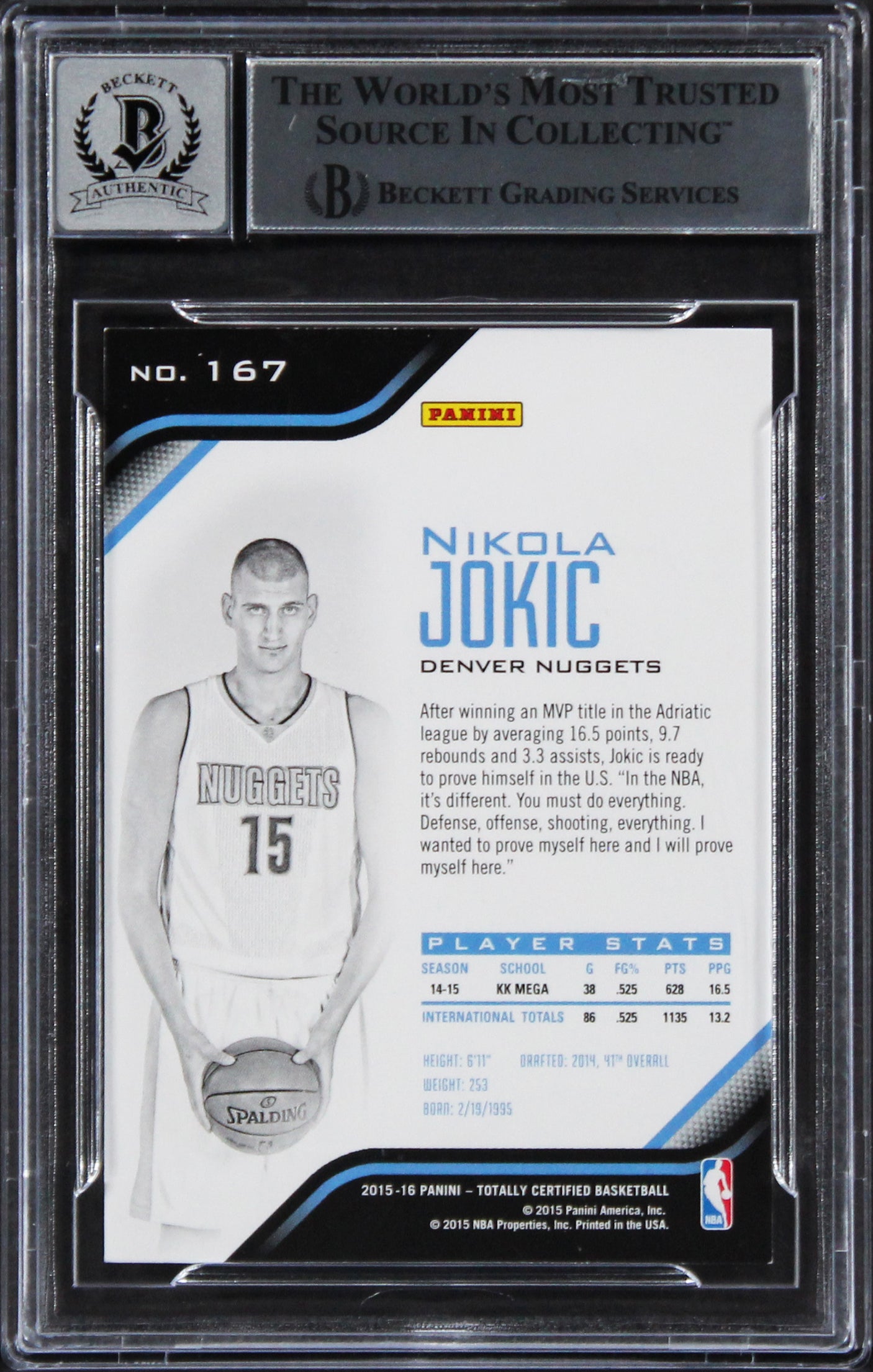 Nikola Jokic Signed 2015 Totally Certified #167 Rookie Card Auto 10! BAS Slabbed