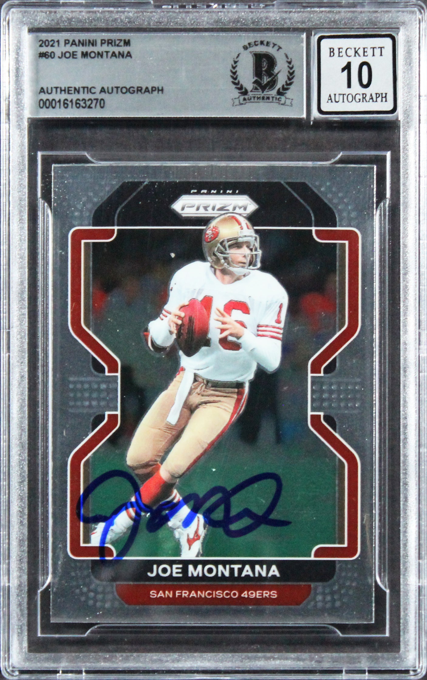 49ers Joe Montana Signed 2021 Panini Prizm #60 Card Auto 10! BAS Slabbed
