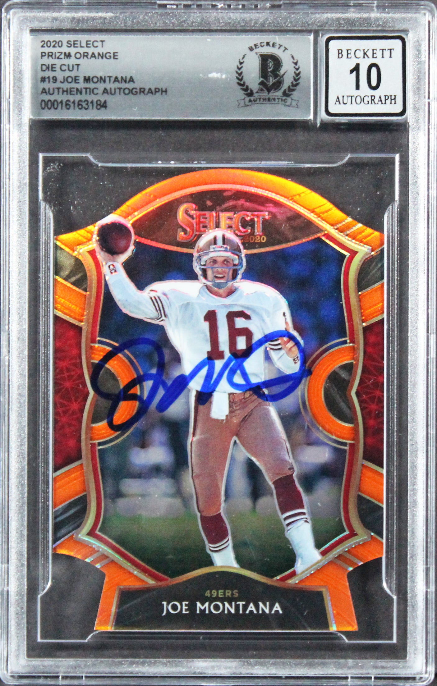 49ers Joe Montana Signed 2020 Select Prizm Orange #19 Card Auto 10! BAS Slabbed