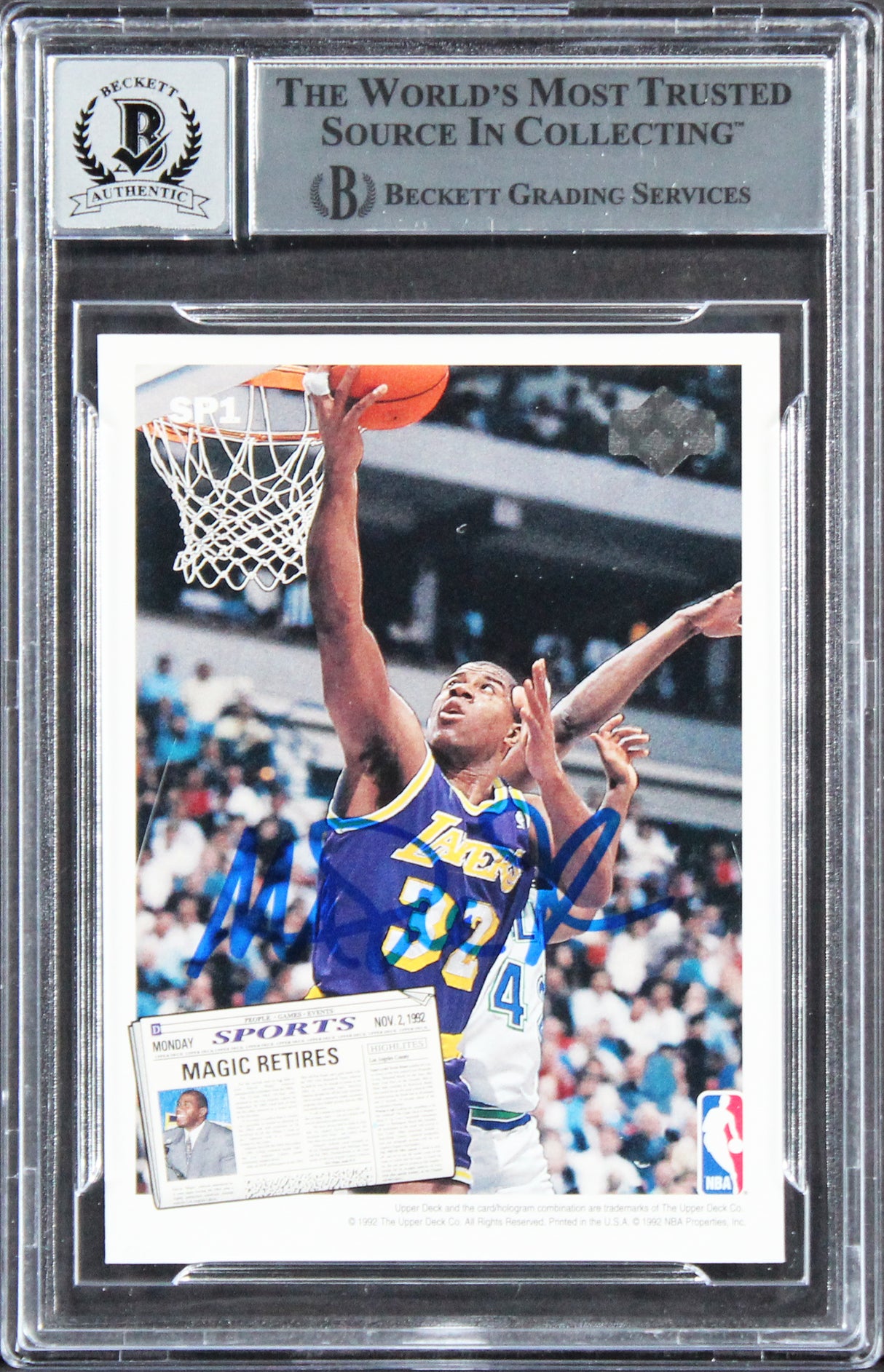Larry Bird & Magic Johnson Signed 1992 Upper Deck #SP1 Card Auto 10! BAS Slabbed