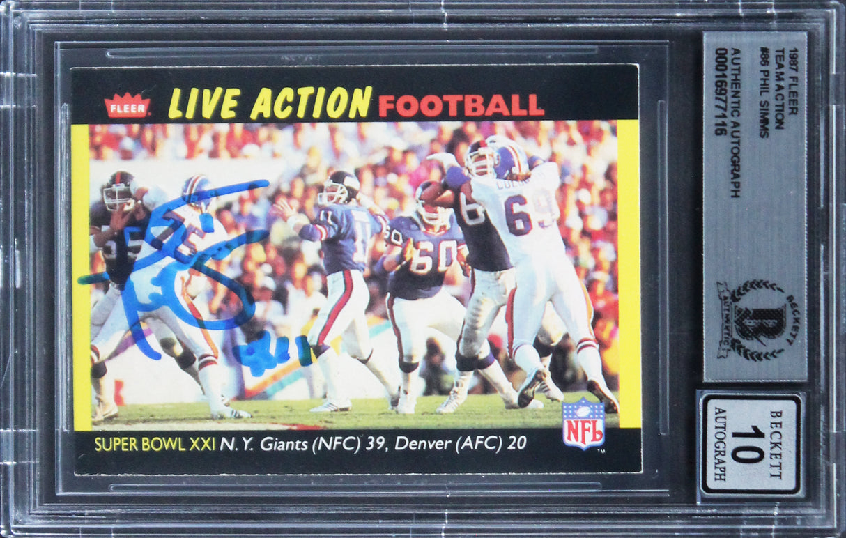 Giants Phil Simms Signed 1987 Fleer Team Action #86 Card Auto Grade 10! BAS Slab
