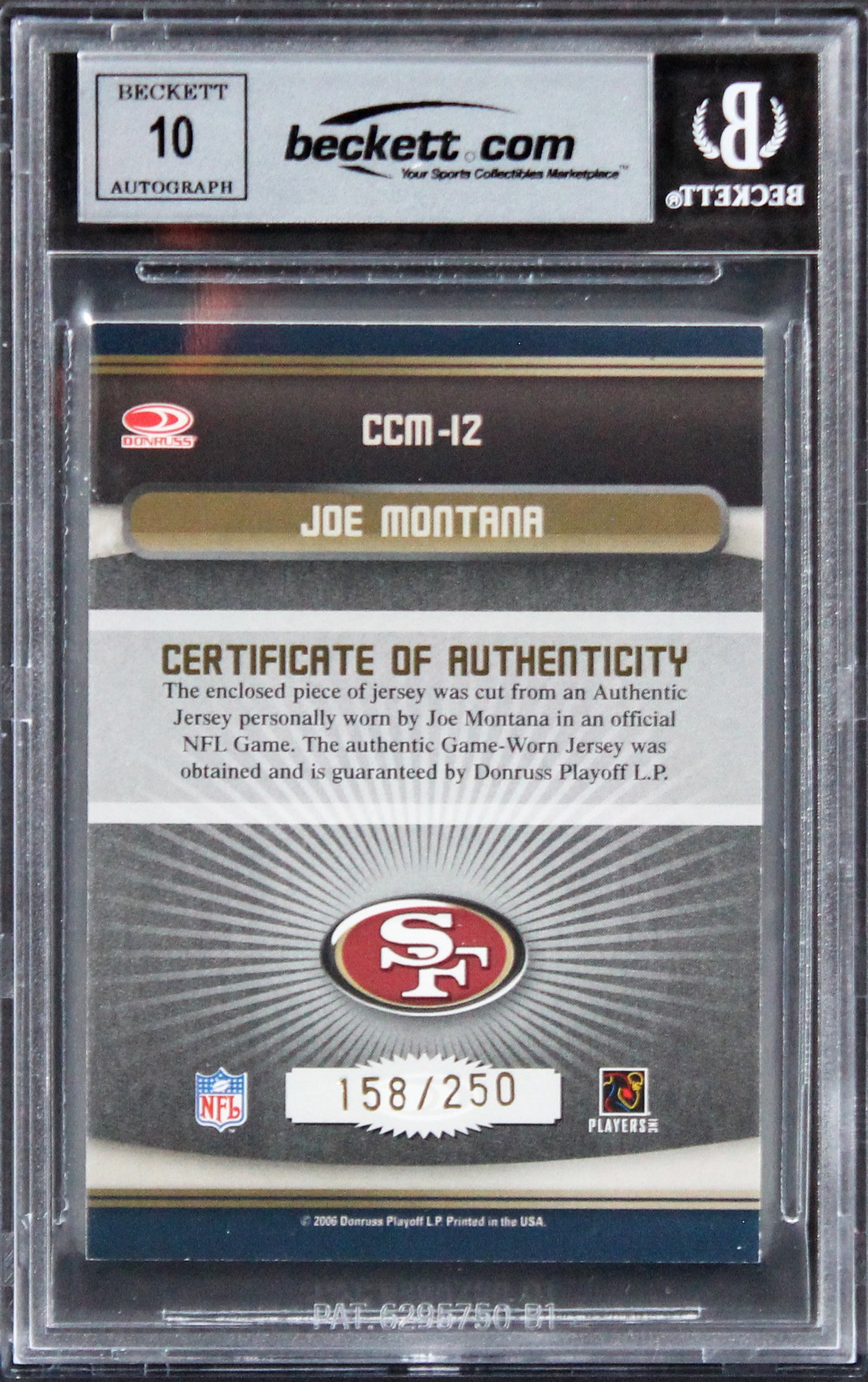 49ers Joe Montana Signed 2006 Donruss Threads #12 #158/250 Card Auto 10 BAS Slab