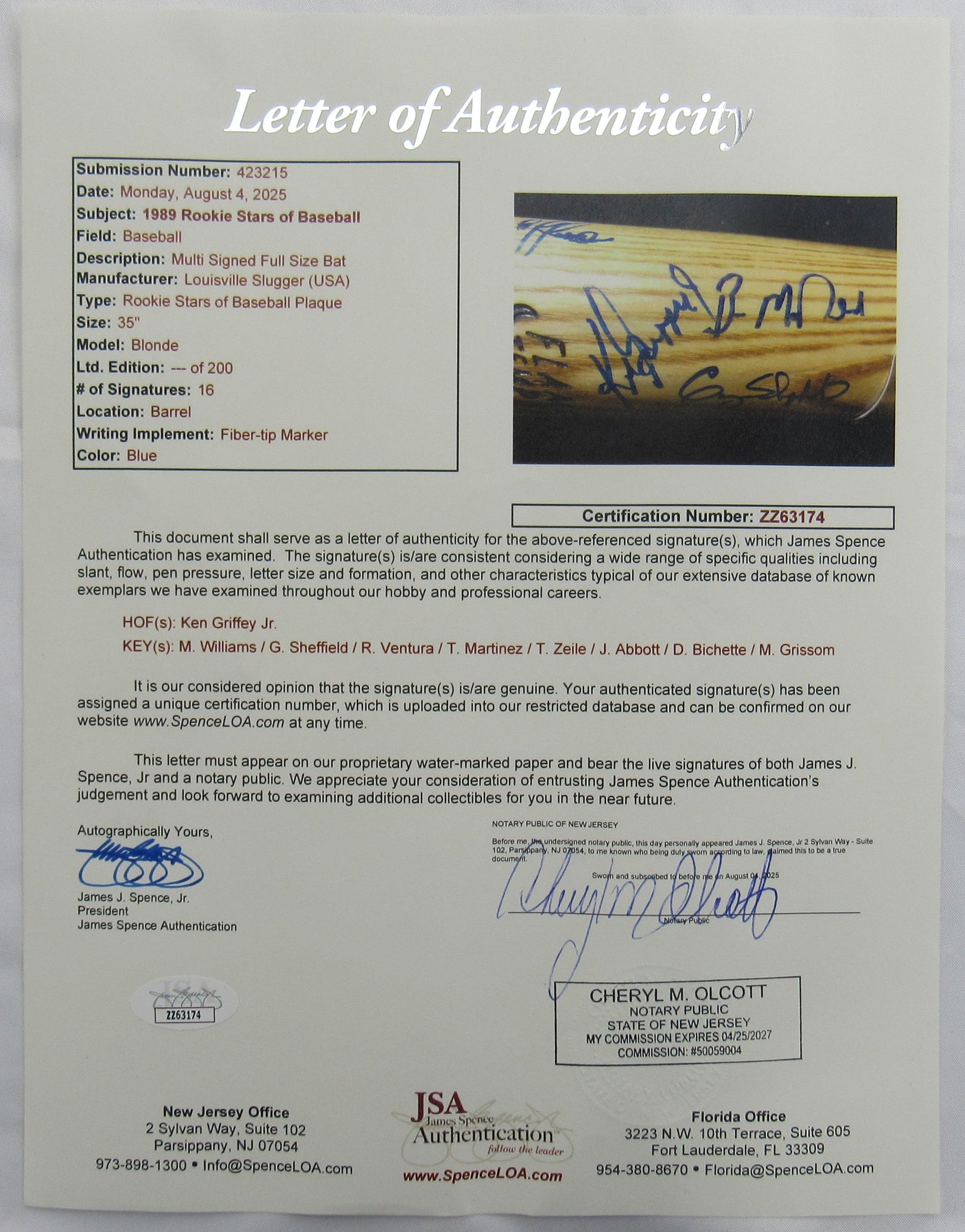 Ken Griffey Jr Gary Sheffield +7 Auto Signed Auto Baseball Bat JSA LOA ZZ63174