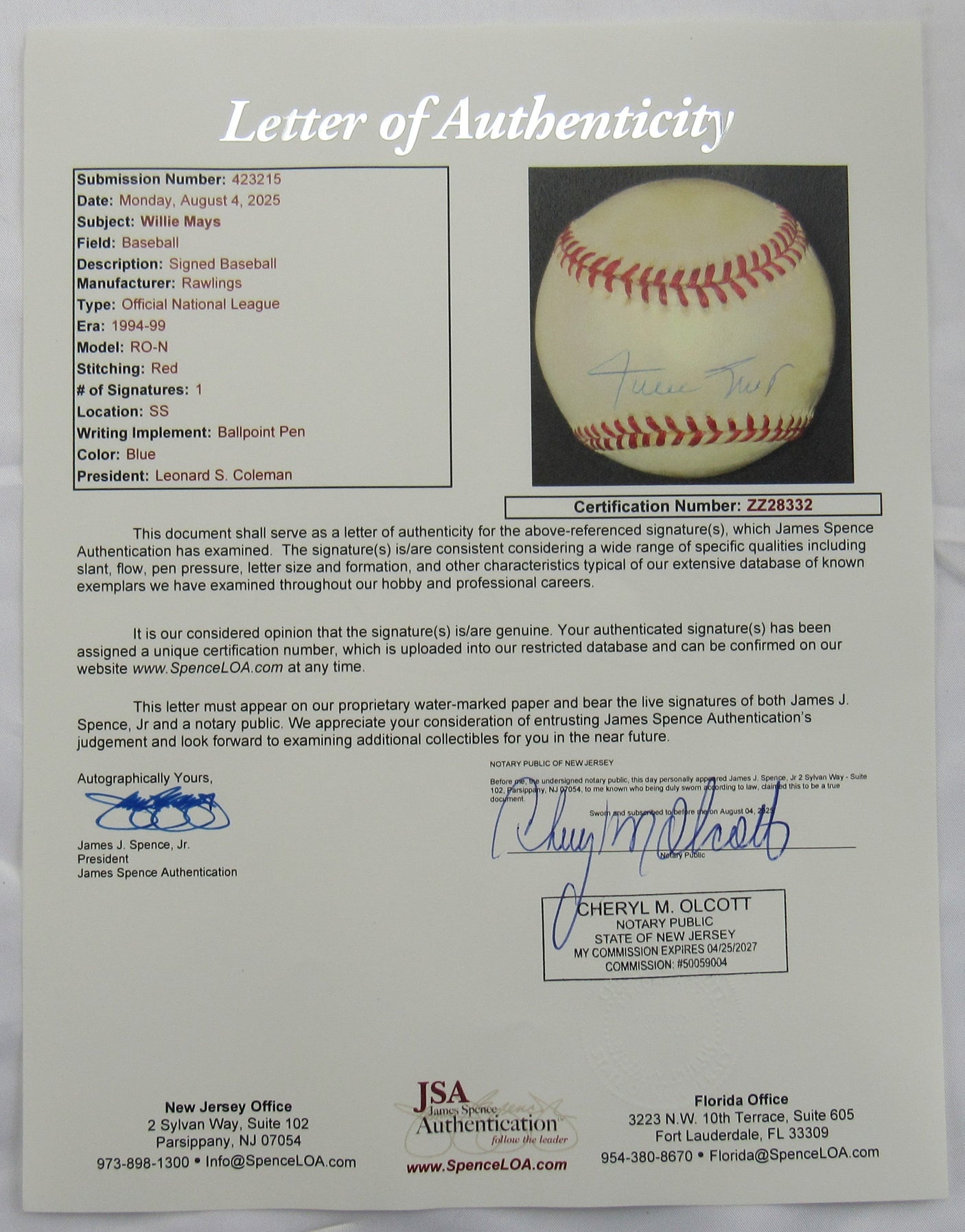 Willie Mays Signed Auto Baseball JSA LOA ZZ28332