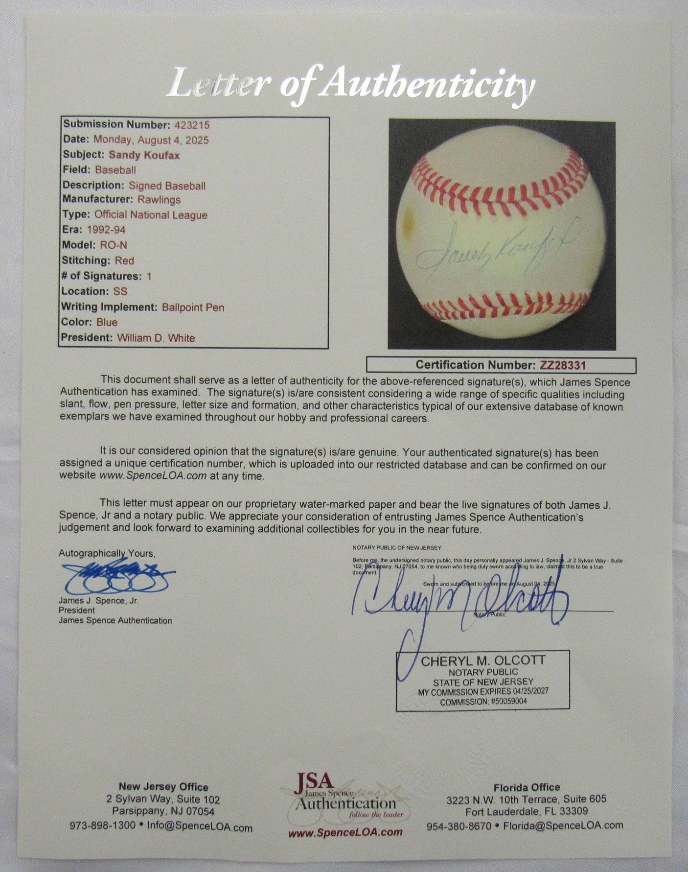 Sandy Koufax Signed Auto Baseball JSA LOA ZZ28331