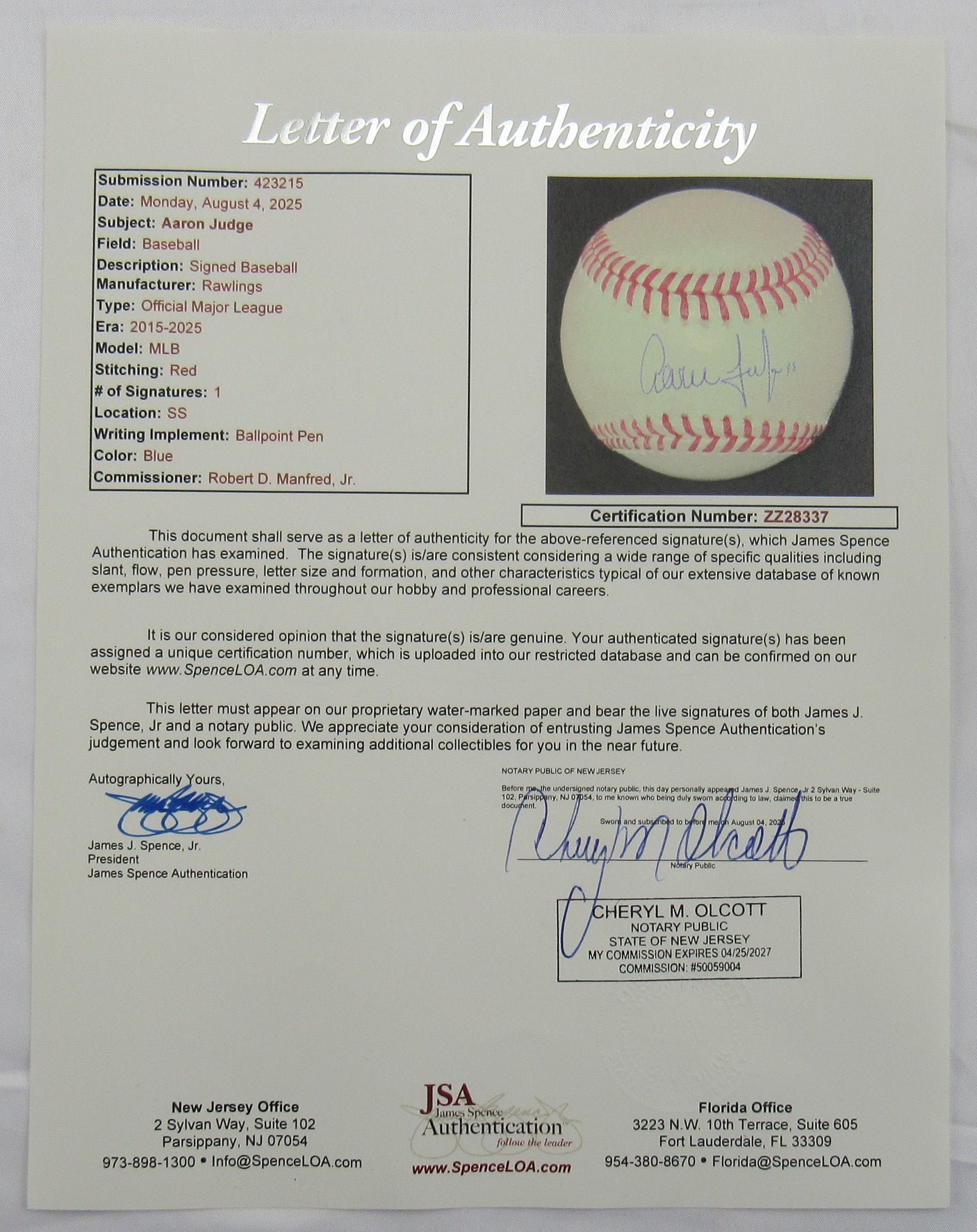 Aaron Judge Signed Auto Baseball JSA LOA ZZ28337
