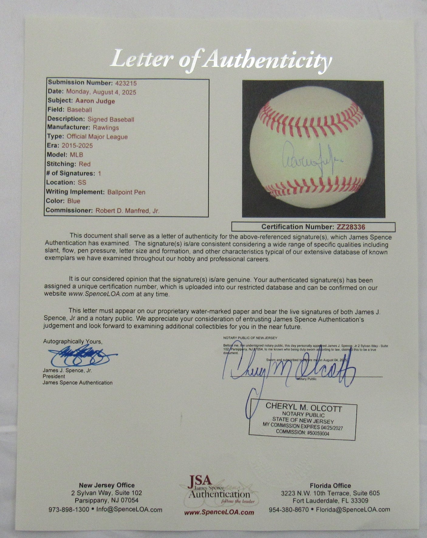 Aaron Judge Signed Auto Baseball JSA LOA ZZ28336
