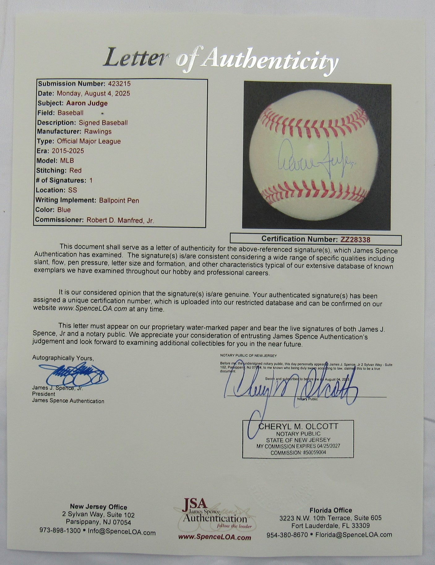 Aaron Judge Signed Auto Baseball JSA LOA ZZ28338