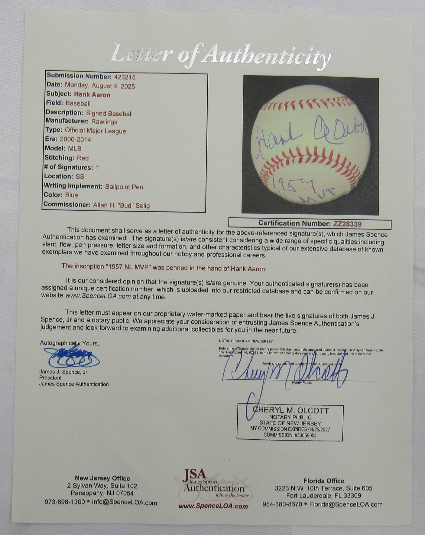 Hank Aaron Signed Auto Baseball w/57 MVP JSA LOA ZZ28339