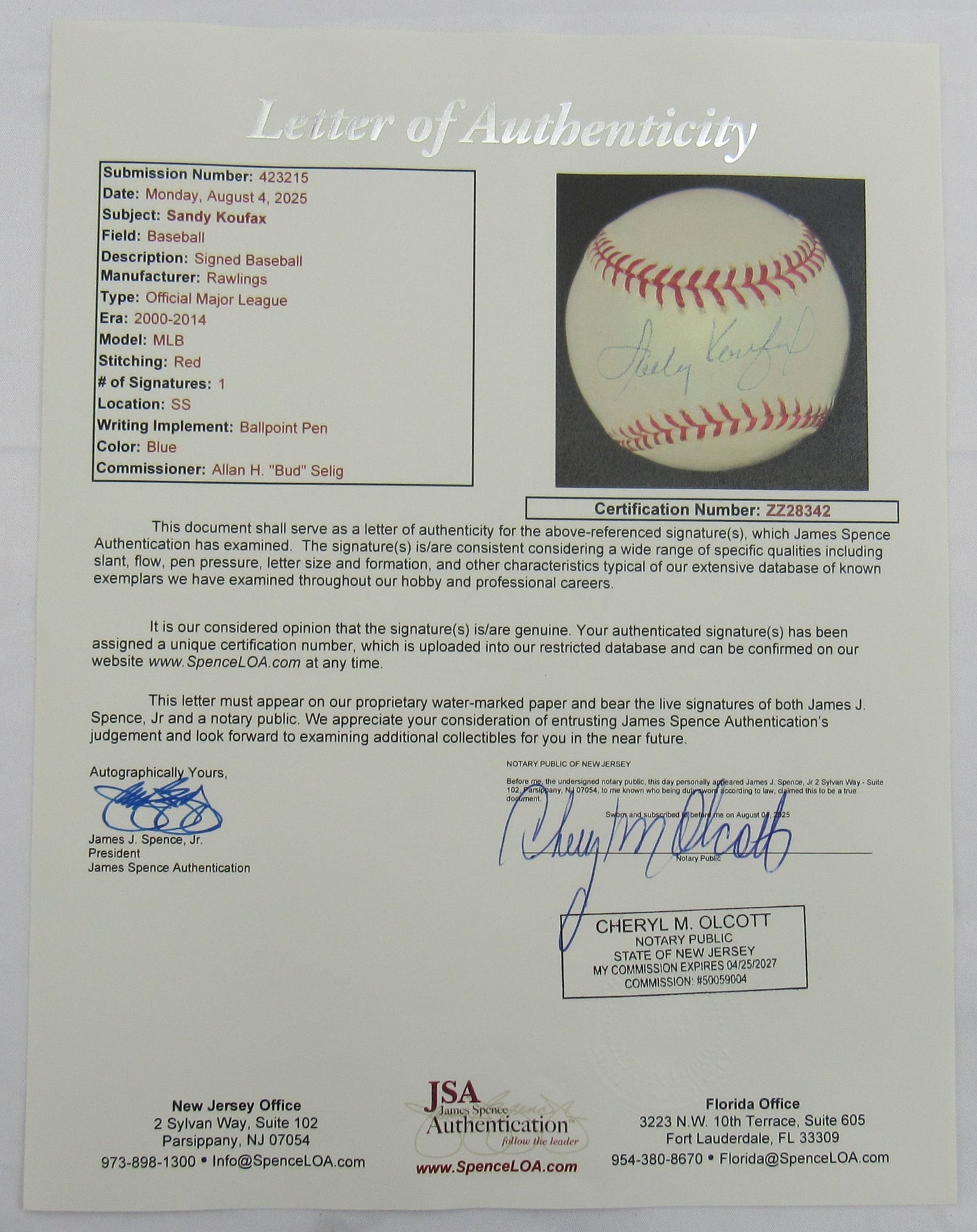 Sandy Koufax Signed Auto Baseball JSA LOA ZZ28342