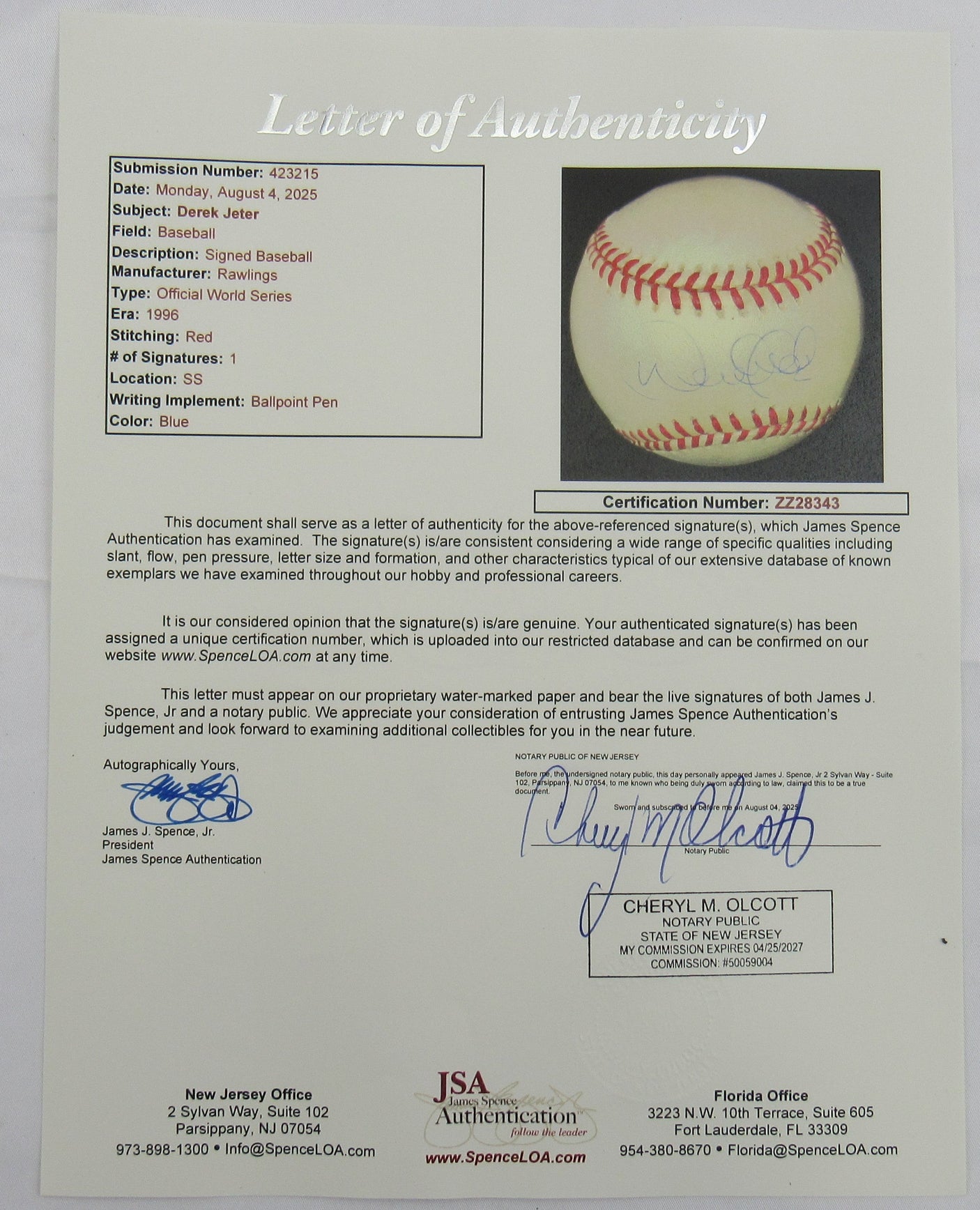 Derek Jeter Signed Auto 1996 World Series Baseball JSA LOA ZZ28343