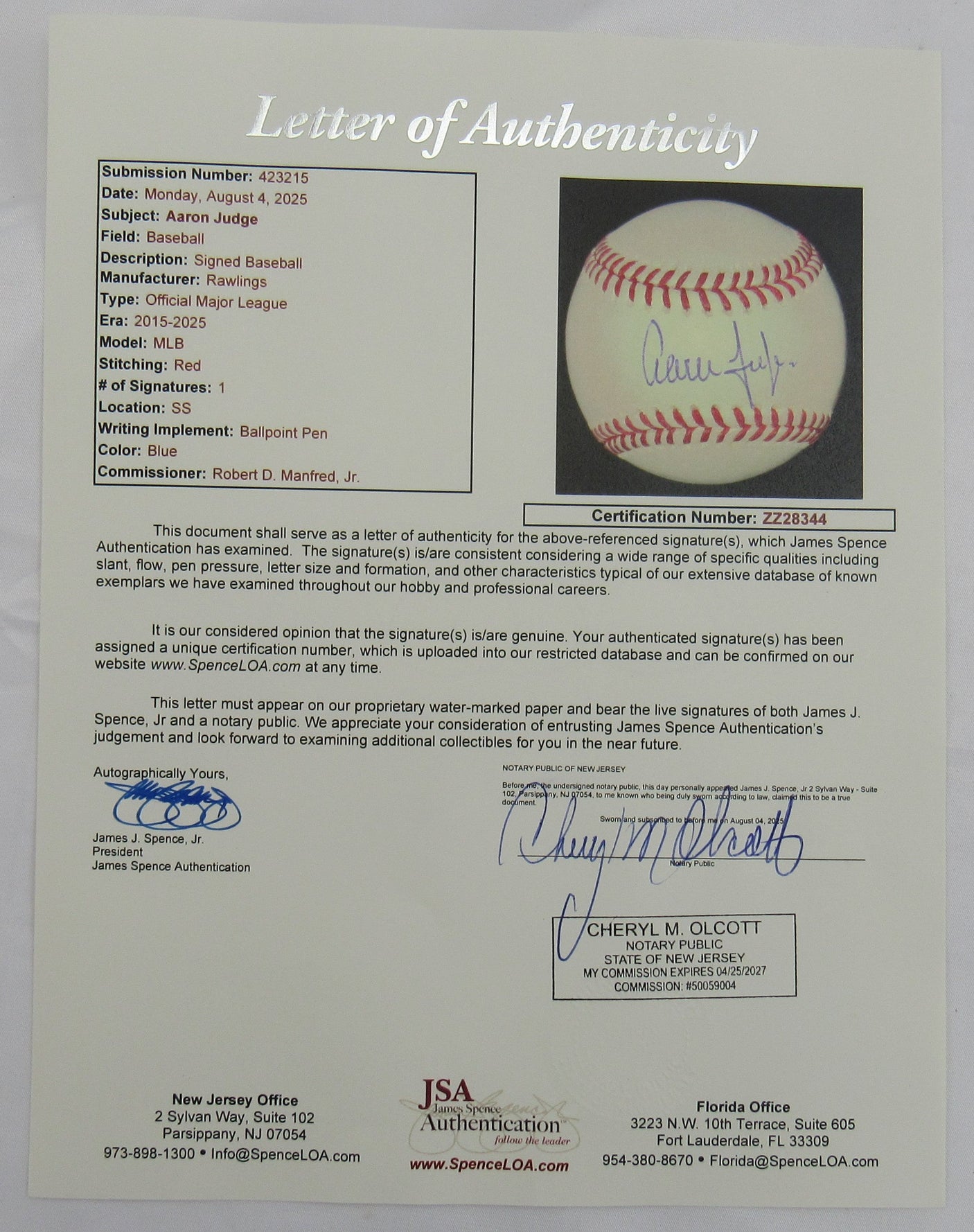 Aaron Judge Signed Auto Baseball JSA LOA ZZ28344