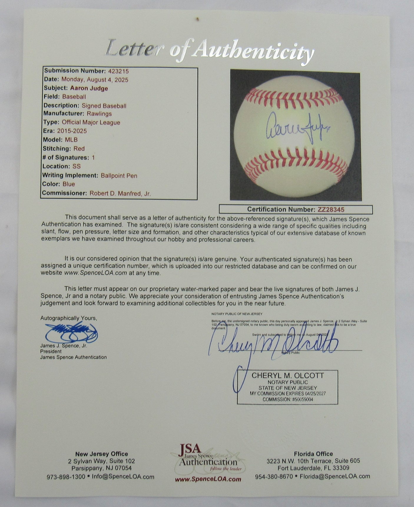 Aaron Judge Signed Auto Baseball JSA LOA ZZ28345