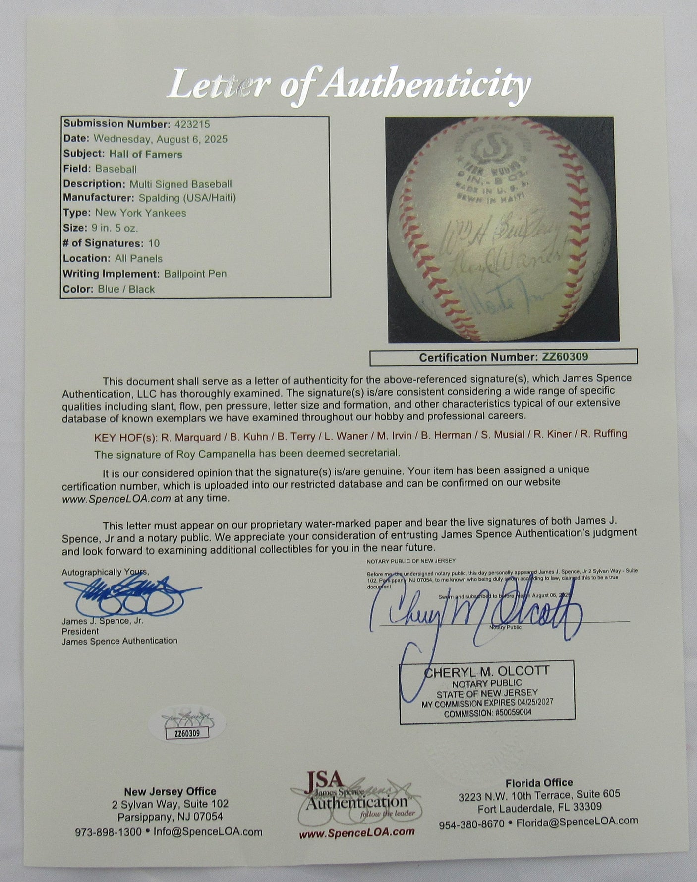 Hall of Famers Signed Rube Marquard, Bowie Kuhn, Bill Terry, Lloyd Waner, Red Ruffing Auto Baseball JSA LOA ZZ60309