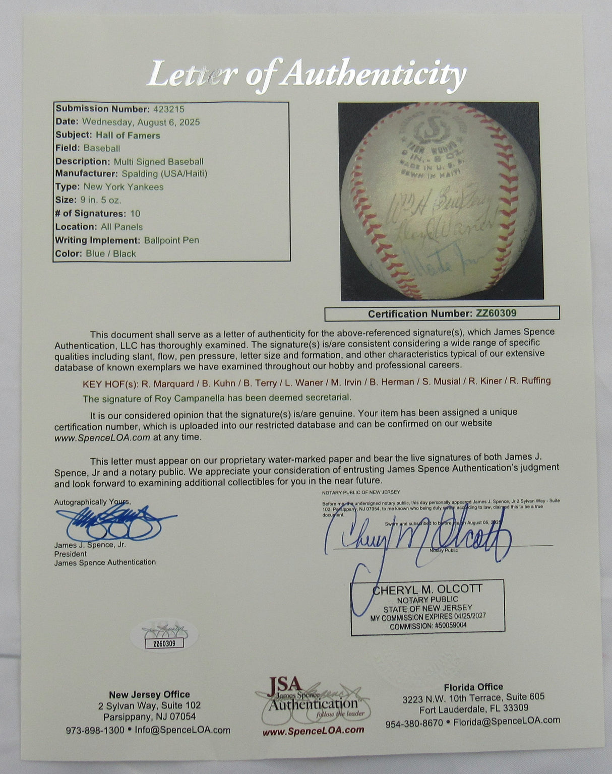 Hall of Famers Signed Rube Marquard, Bowie Kuhn, Bill Terry, Lloyd Waner, Red Ruffing Auto Baseball JSA LOA ZZ60309