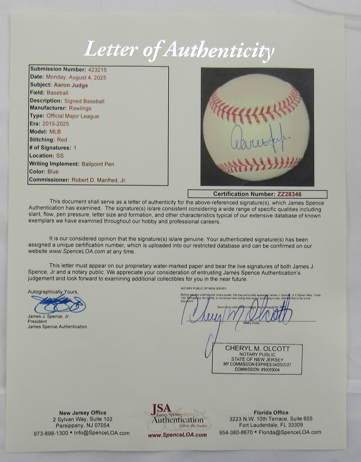 Aaron Judge Signed Auto Baseball JSA LOA ZZ28346