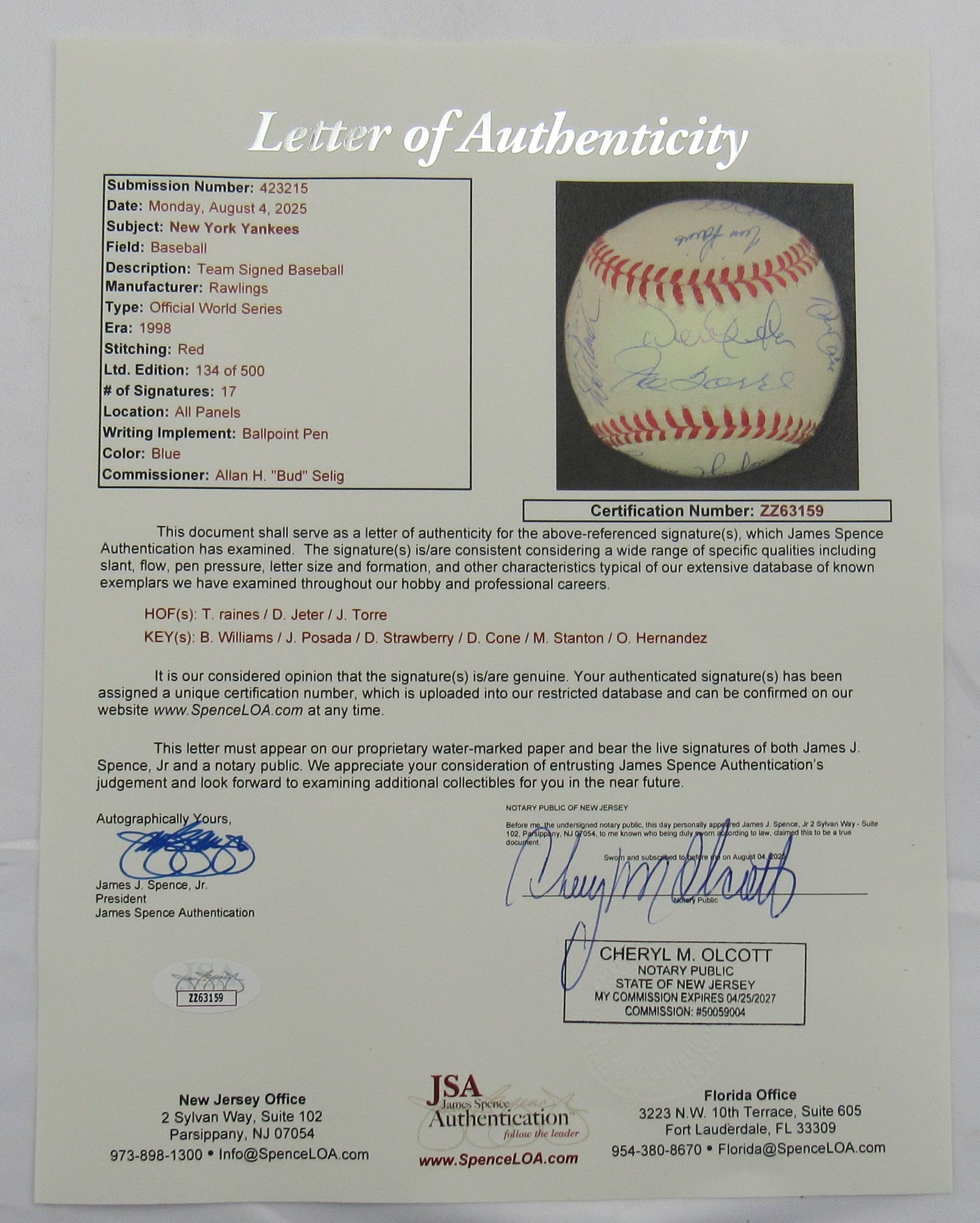 1996 New York Yankees Team Signed Derek Jeter Auto Baseball JSA LOA ZZ63159