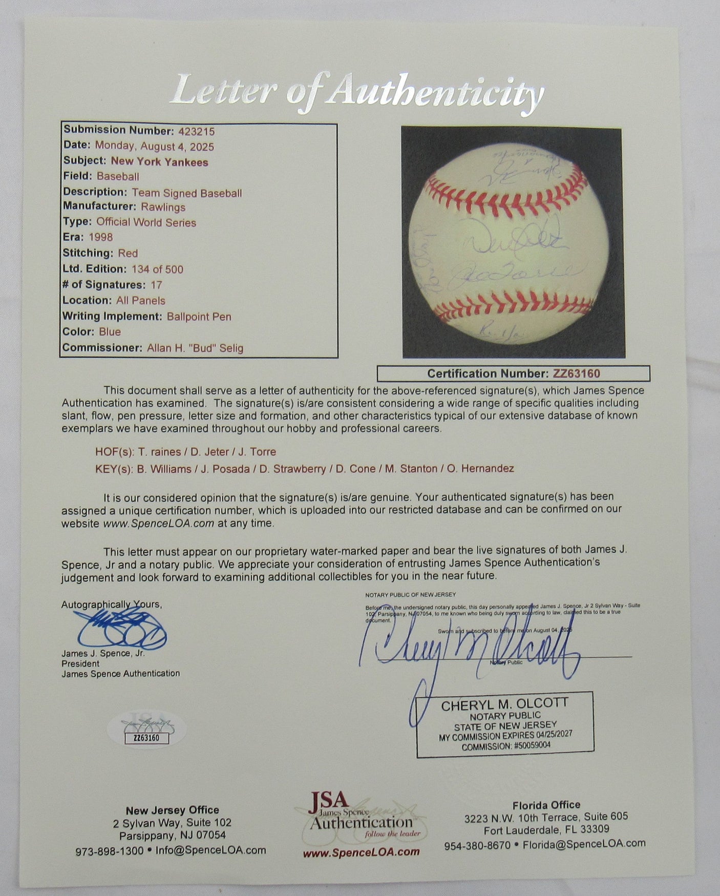 1996 New York Yankees WS Team Derek Jeter Joe Torre Signed Auto Baseball JSA LOA ZZ63160