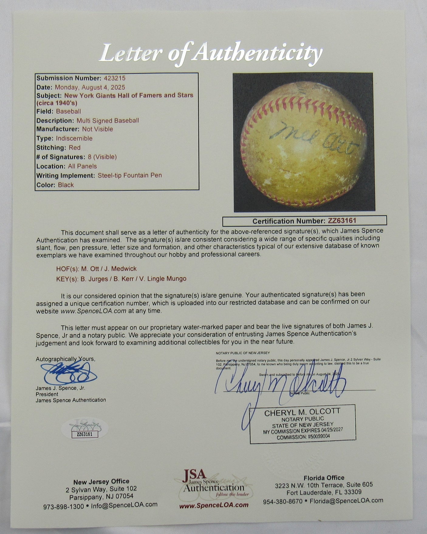 Giants Hall of Famers and Stars Mel Ott Signed Auto Baseball JSA LOA ZZ63161
