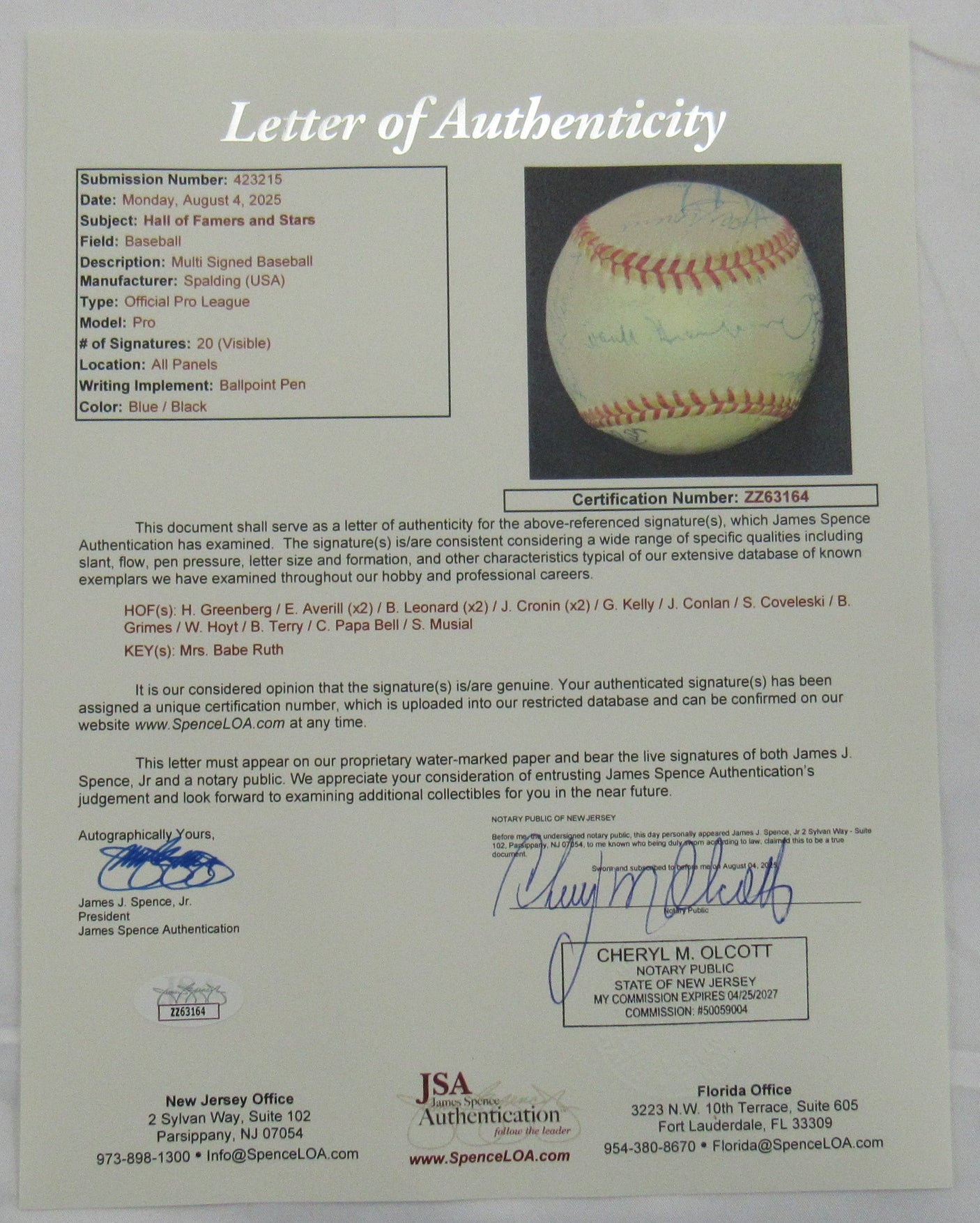 Hall of Famers and Stars Hank Greenberg Signed Auto Baseball JSA LOA ZZ63164