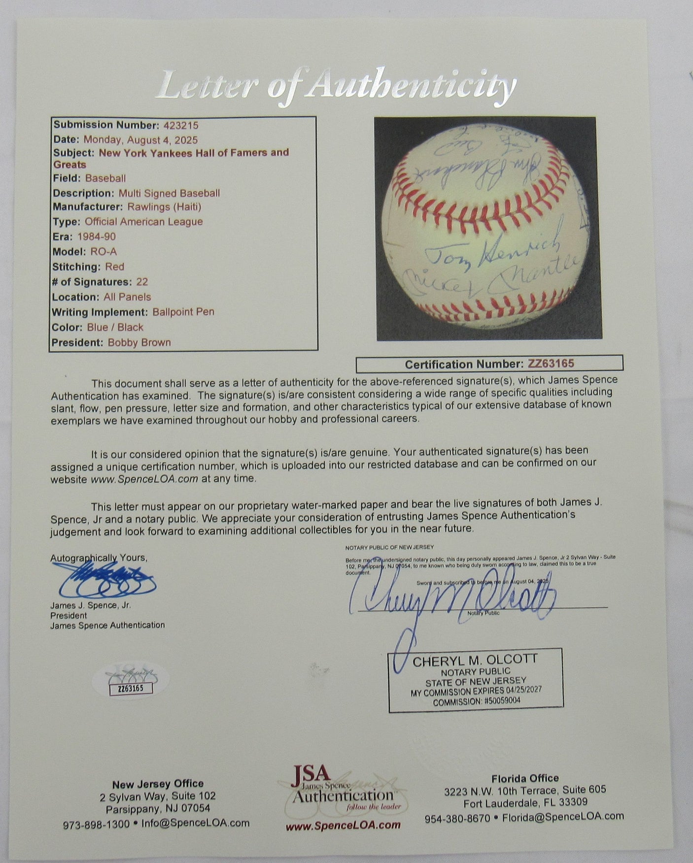Yankees Hall of Famers and Greats Mickey Mantle Signed Auto Baseball JSA LOA ZZ63165