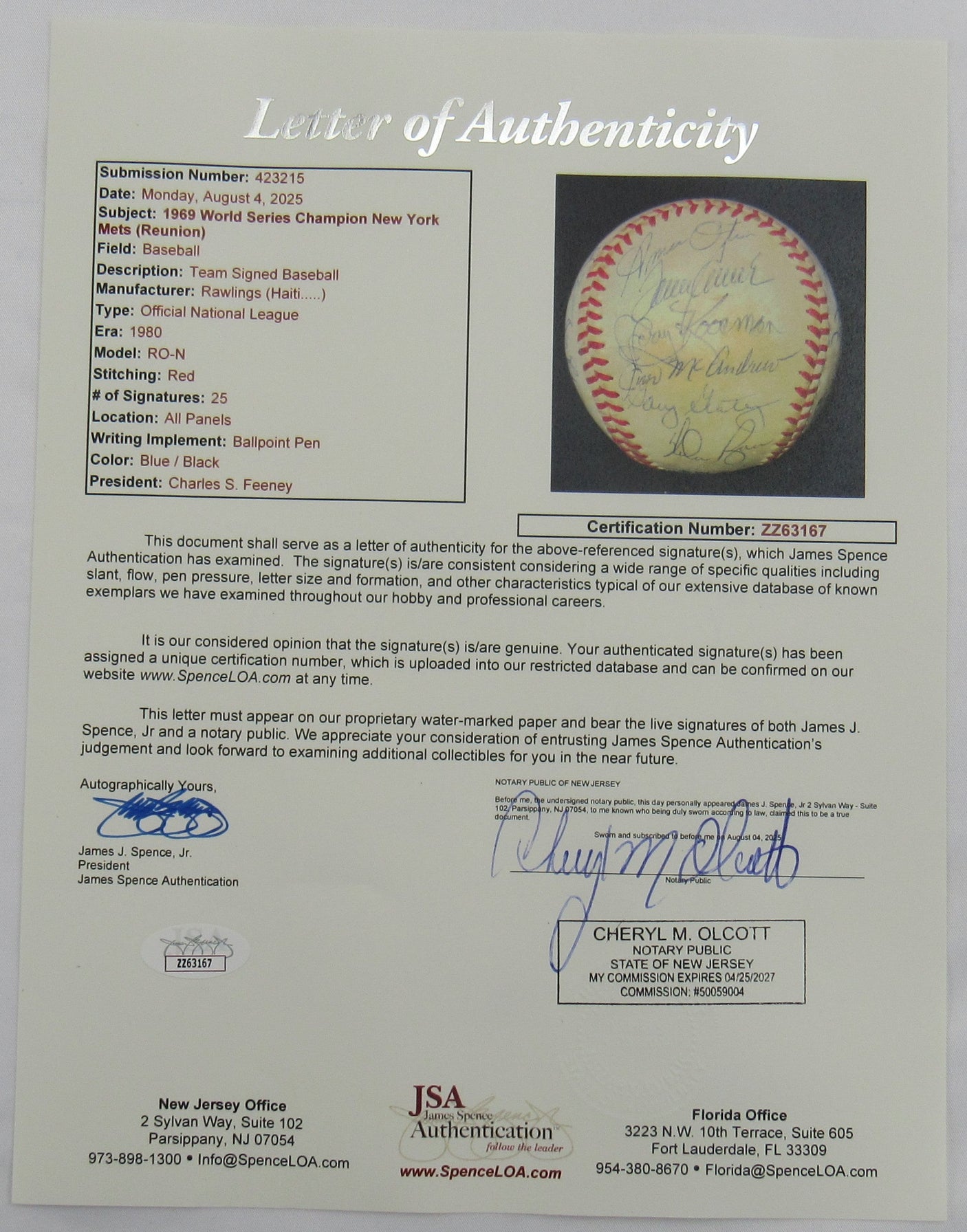 1969 World Series Champion New York Mets Nolan Ryan Tom Seaver Signed Auto Baseball JSA LOA ZZ63167
