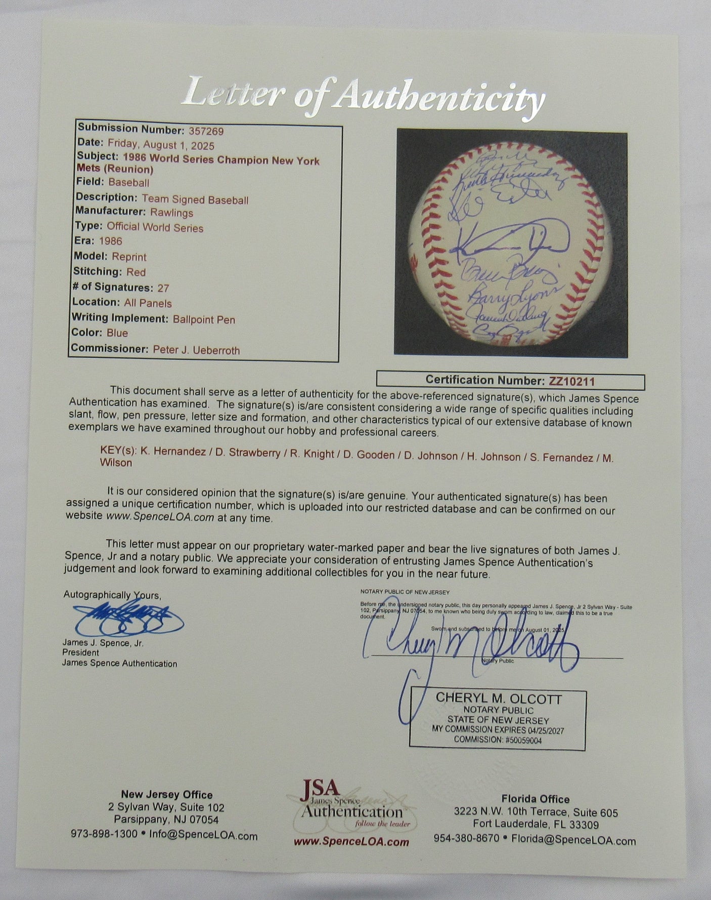 1986 World Series Champion New York Mets Signed Auto Baseball JSA LOA ZZ10211