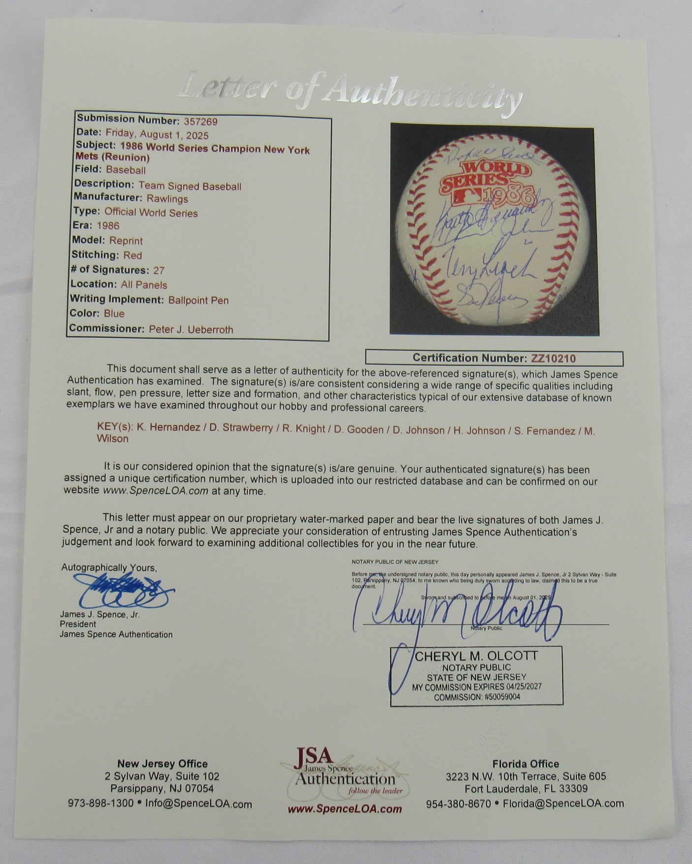 1986 World Series Champion New York Mets Signed Auto Baseball JSA LOA ZZ10210