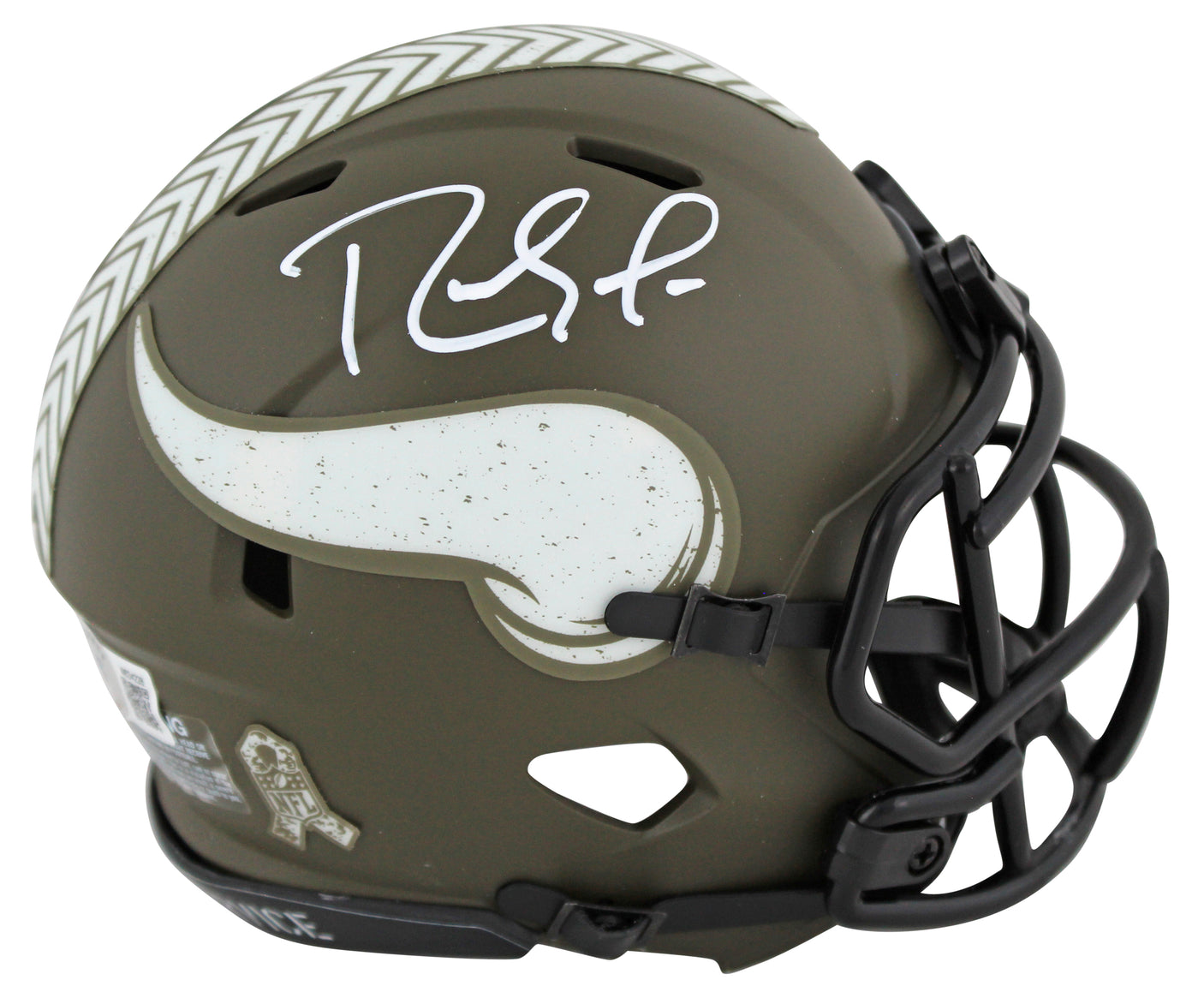 Vikings Randy Moss Signed Salute To Service Speed Mini Helmet w/ White Sig BAS W