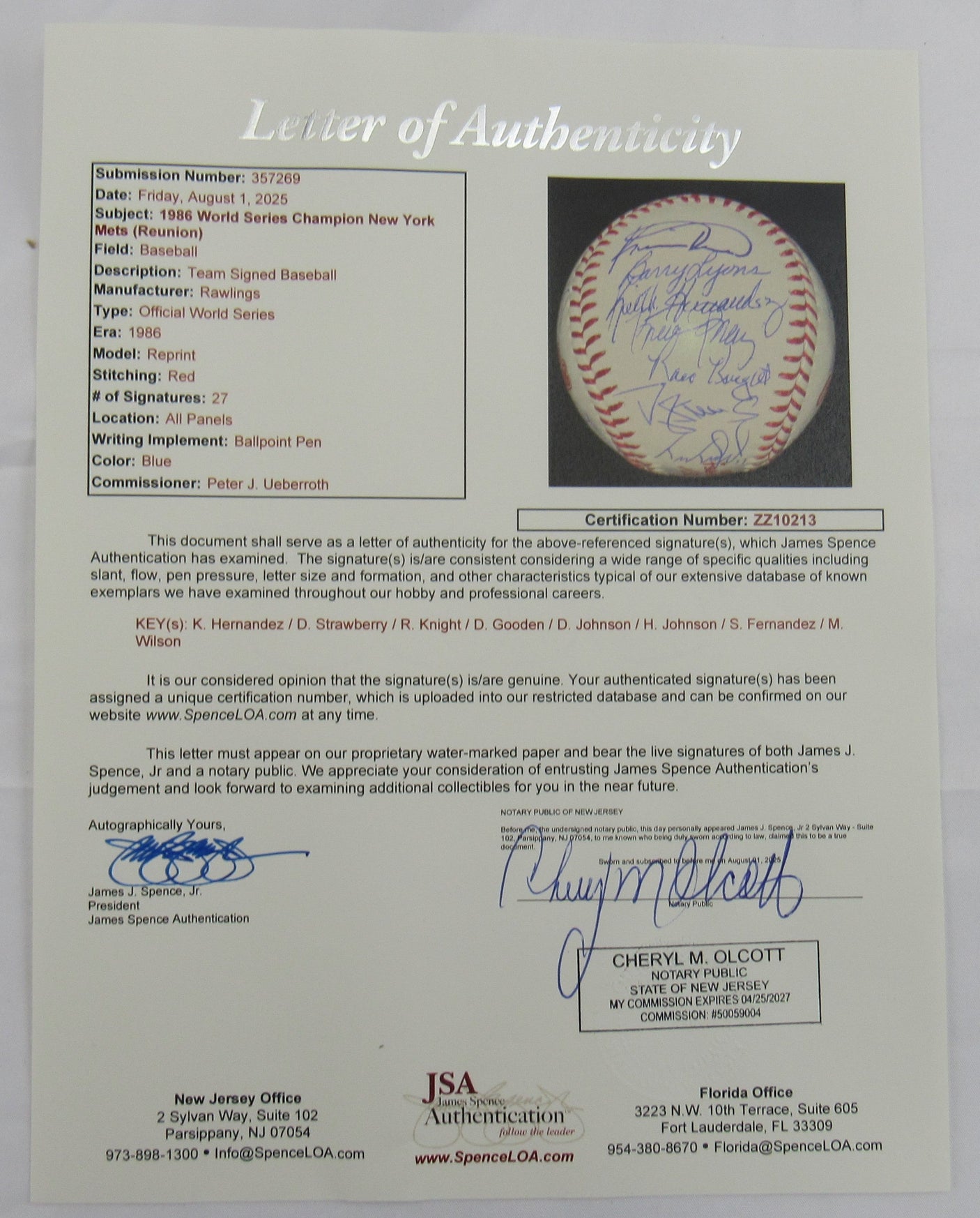 1986 World Series Champion New York Mets Signed Auto Baseball JSA LOA ZZ10213
