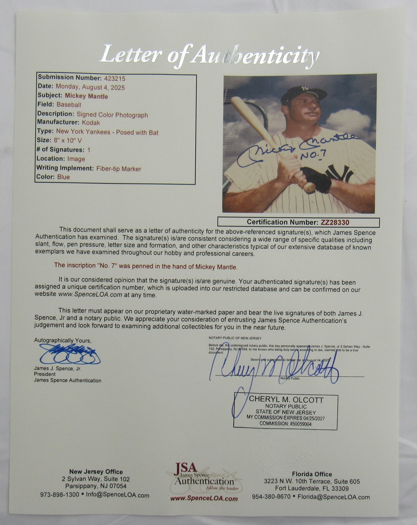 Mickey Mantle Signed Auto 8x10 Photo JSA LOA ZZ28330