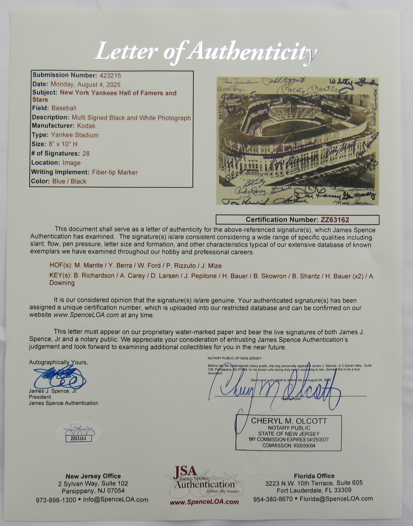 New York Yankees Hall of Famers and Stars Mickey Mantle Signed Auto 8x10 Photo JSA LOA ZZ63162