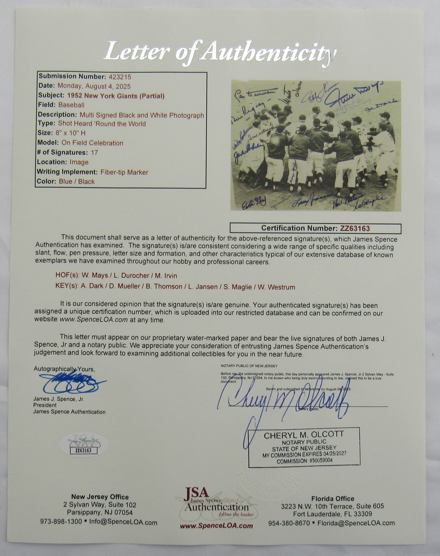 1952 New York Giants Signed Auto 8x10 Photo JSA LOA ZZ63163