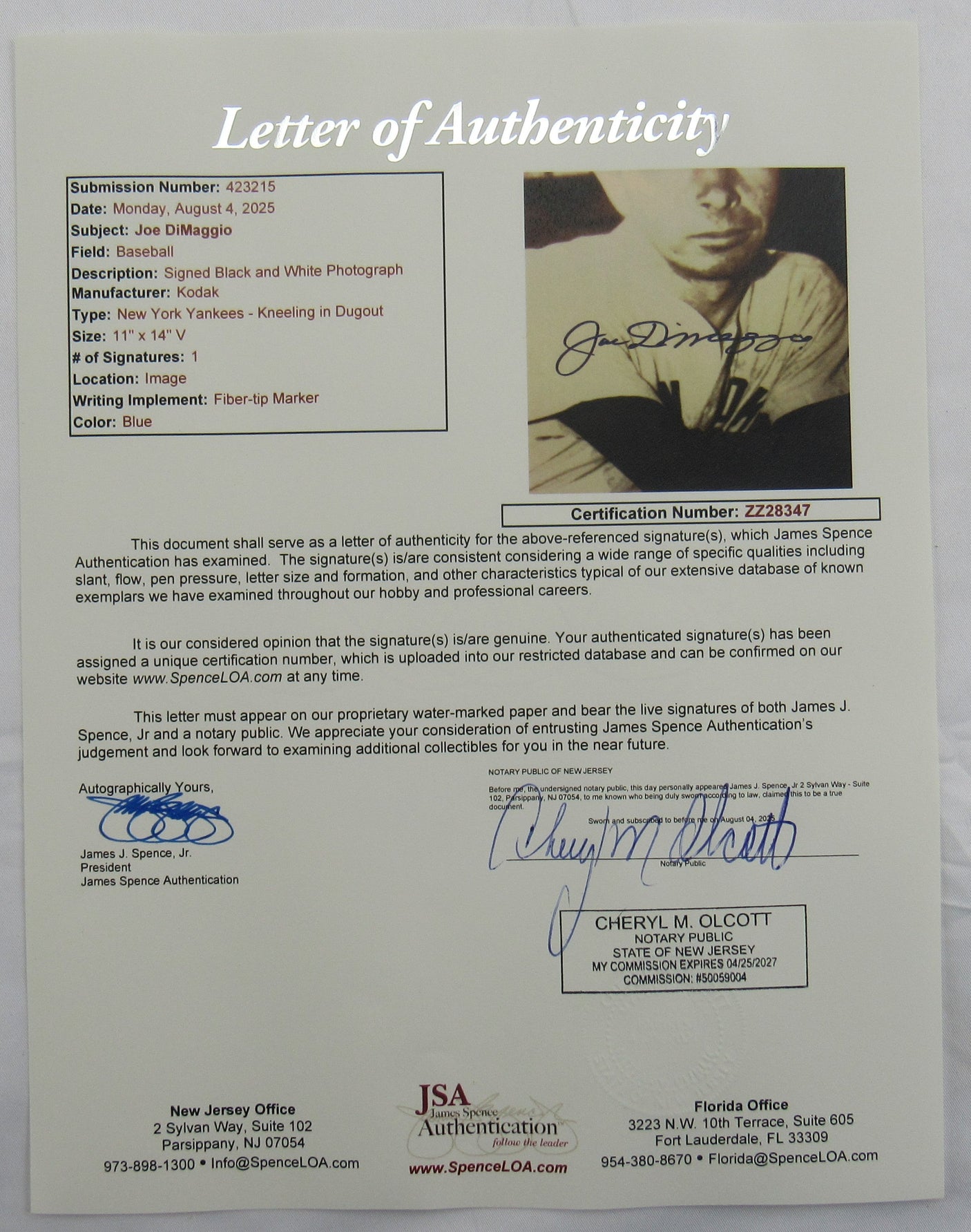 Joe DiMaggio Signed Auto 8x10 Photo JSA LOA ZZ28347